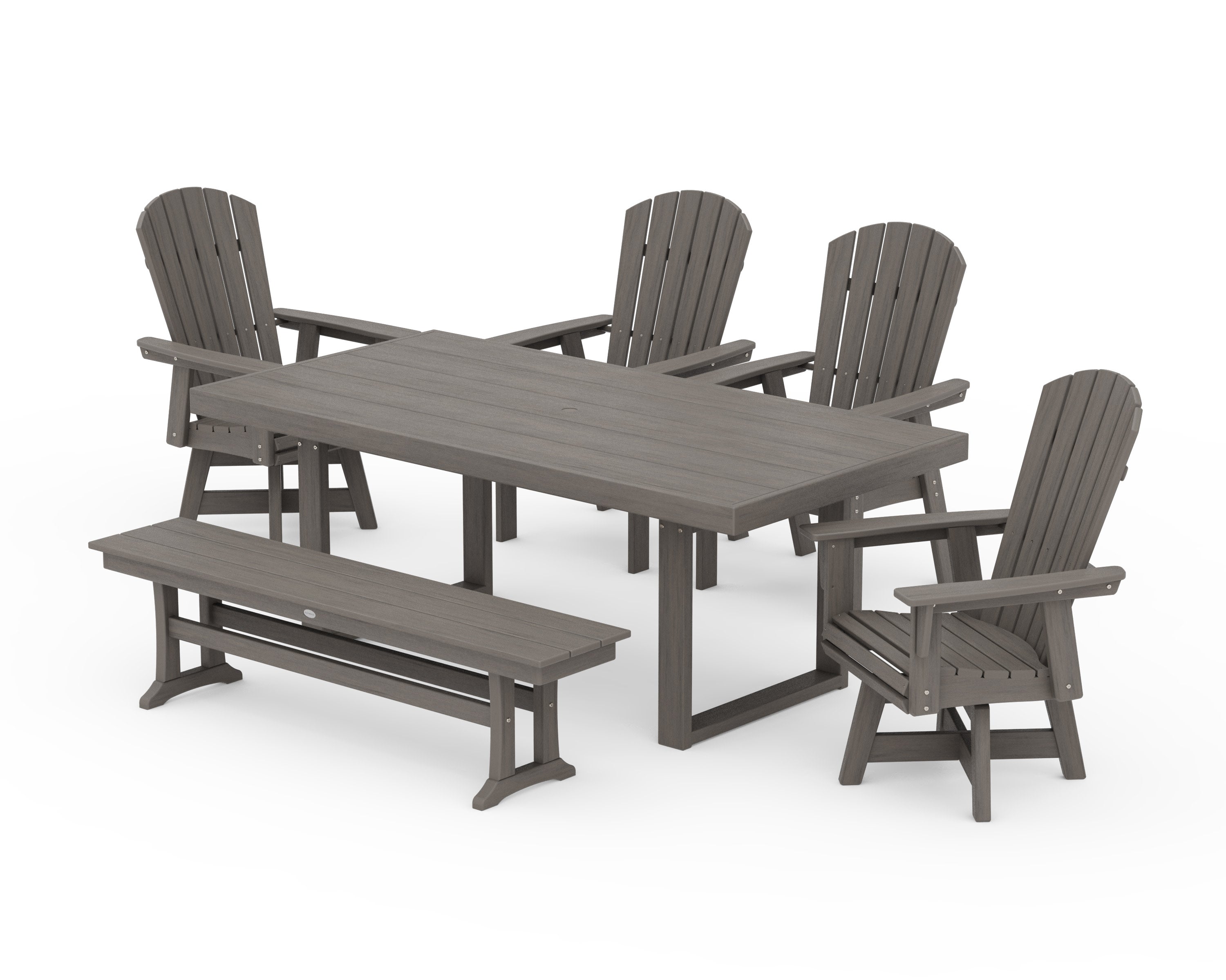 Nautical Curveback Adirondack Swivel Chair 6-Piece Dining Set with Bench in Driftwood