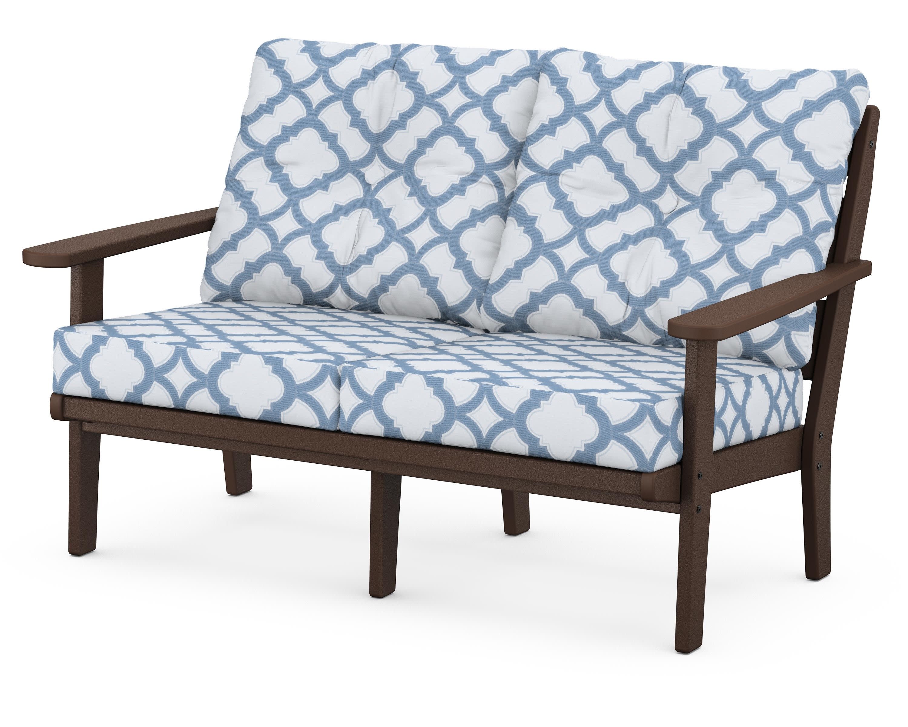 Lakeside Deep Seating Loveseat in Mahogany / Trellis Sky Blue