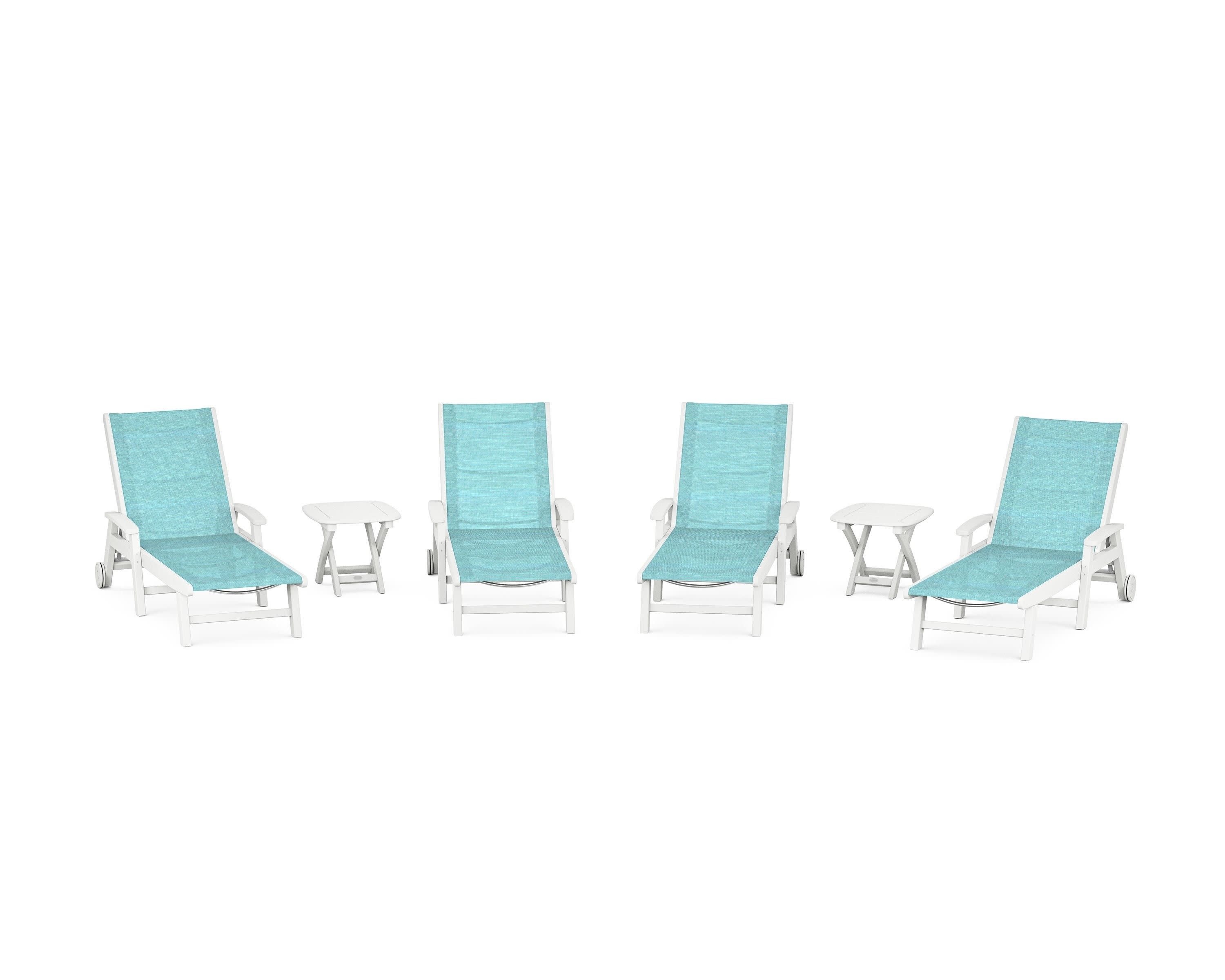 Coastal Chaise 6-Piece Set with Wheels in White / Dupioni Aquamarine Sling