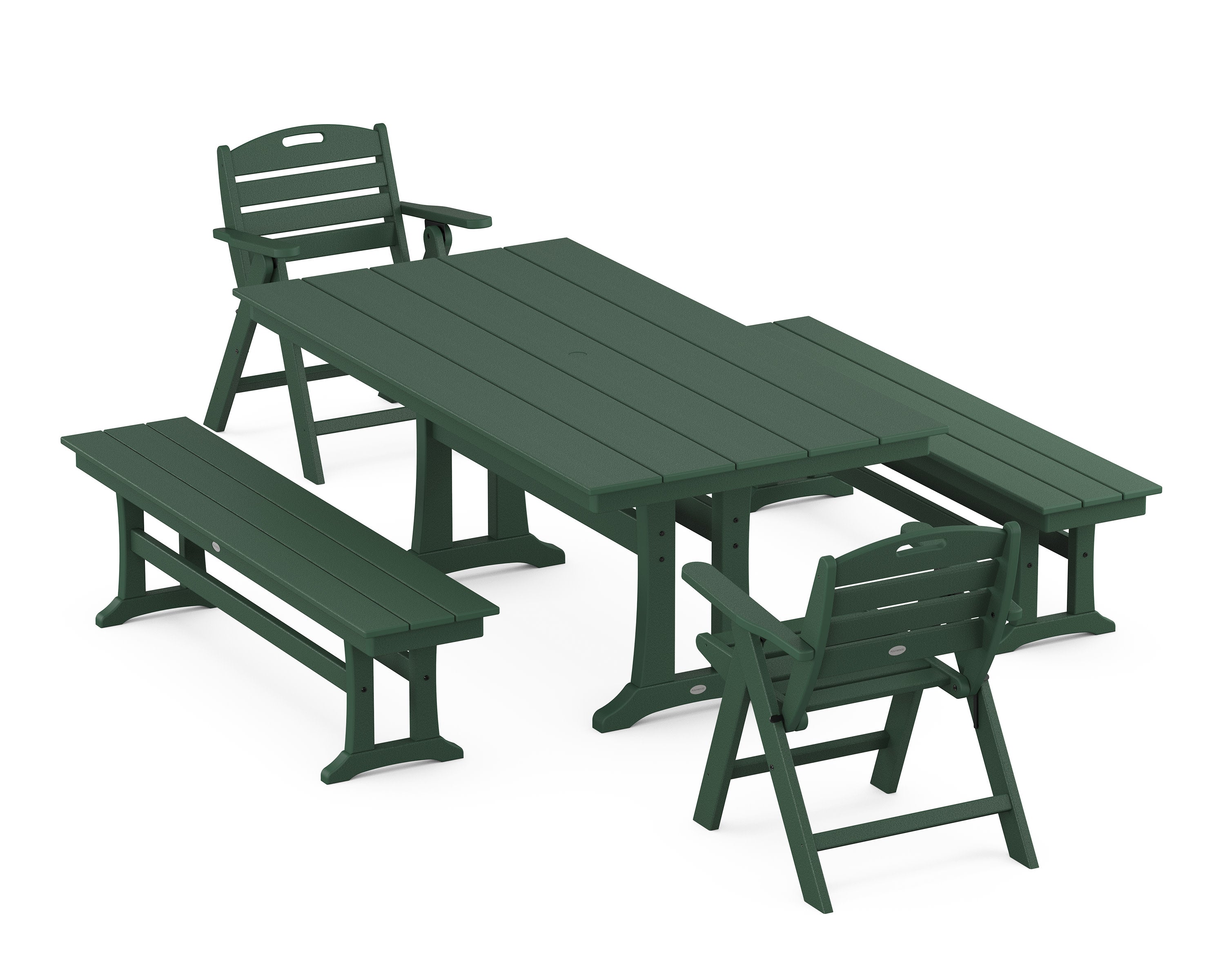Nautical Folding Lowback Chair 5-Piece Farmhouse Dining Set With Trestle Legs in Green