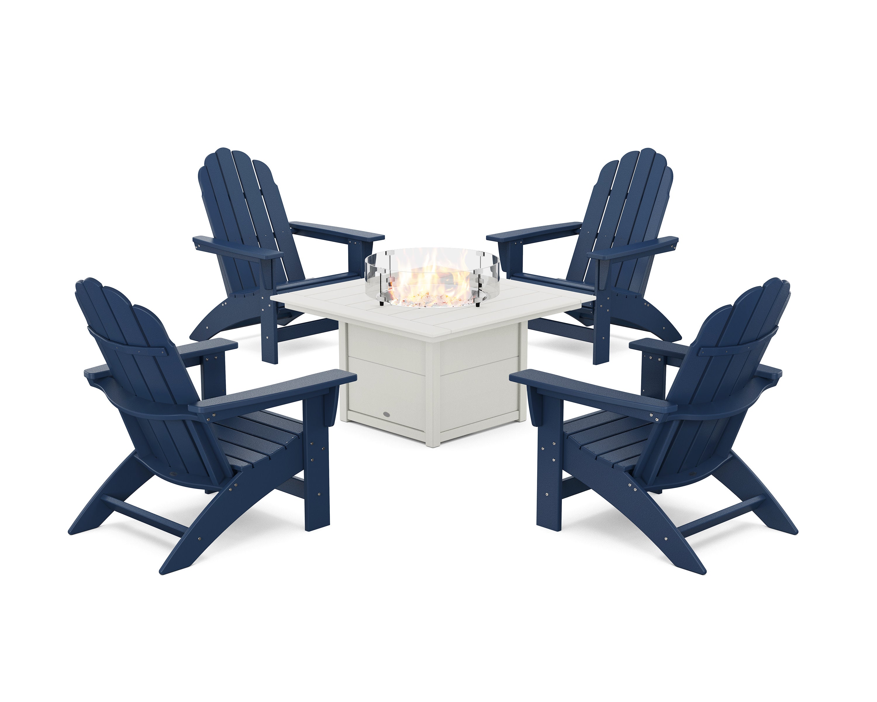 5-Piece Vineyard Grand Adirondack Conversation Set with Fire Pit Table in Navy / White