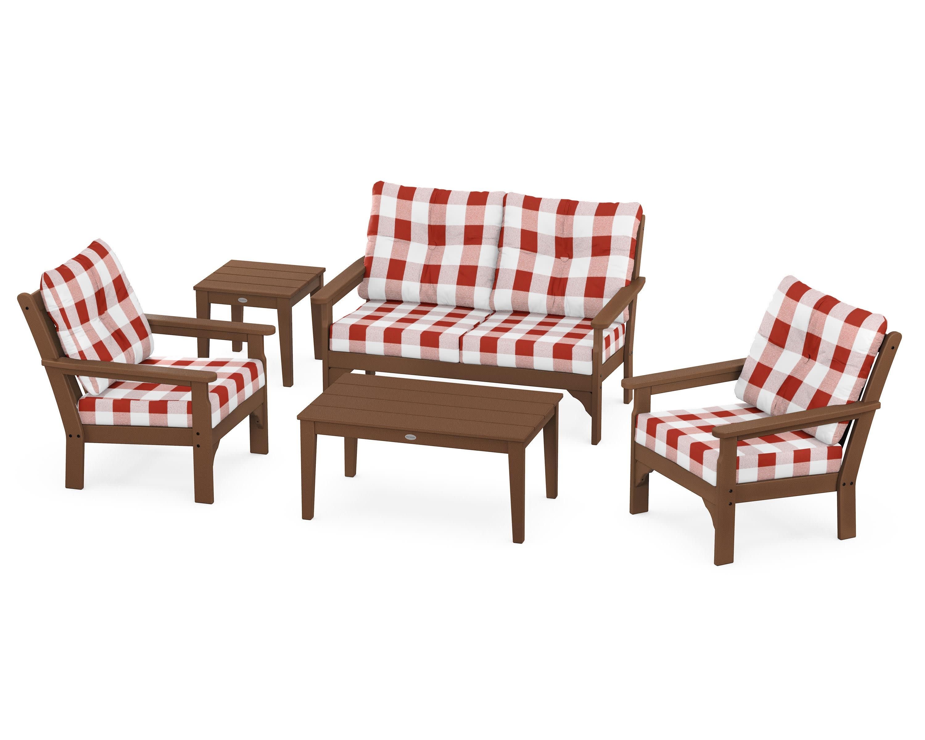 Vineyard 5-Piece Deep Seating Set in Teak / Buffalo Plaid Crimson