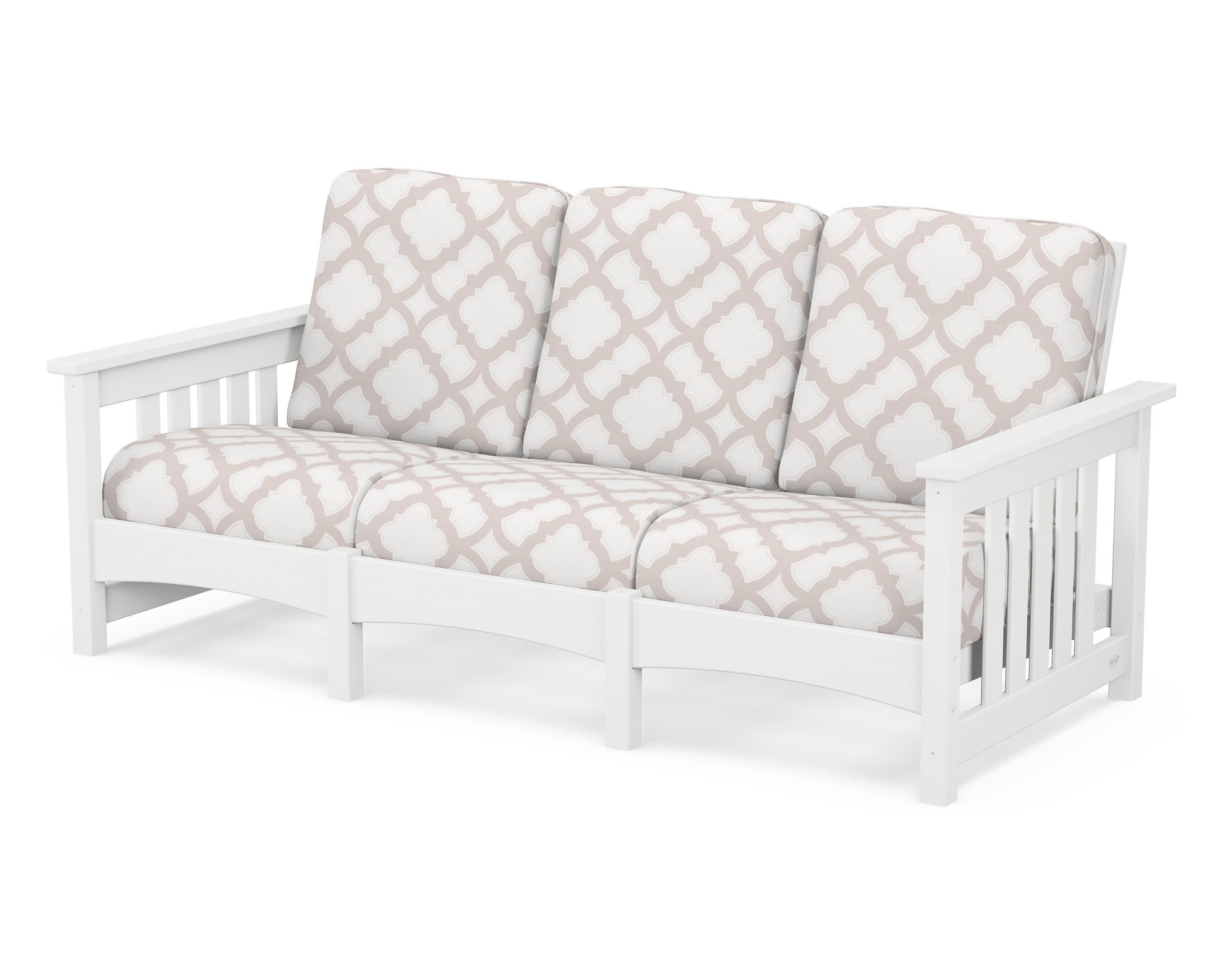 Club Mission Sofa in White / Trellis Dune Burlap