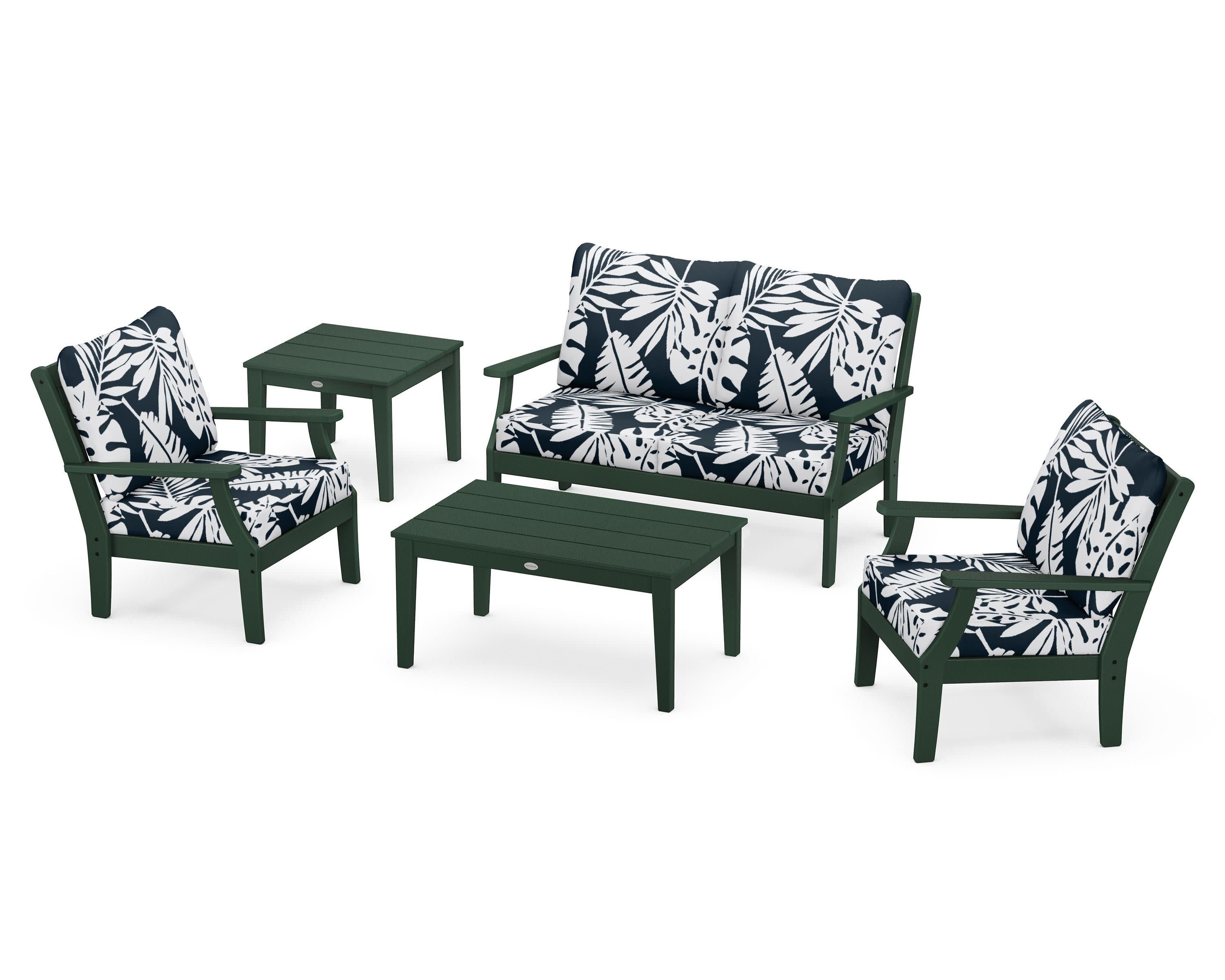 Braxton 5-Piece Deep Seating Set in Green / Leaf Marine Indigo
