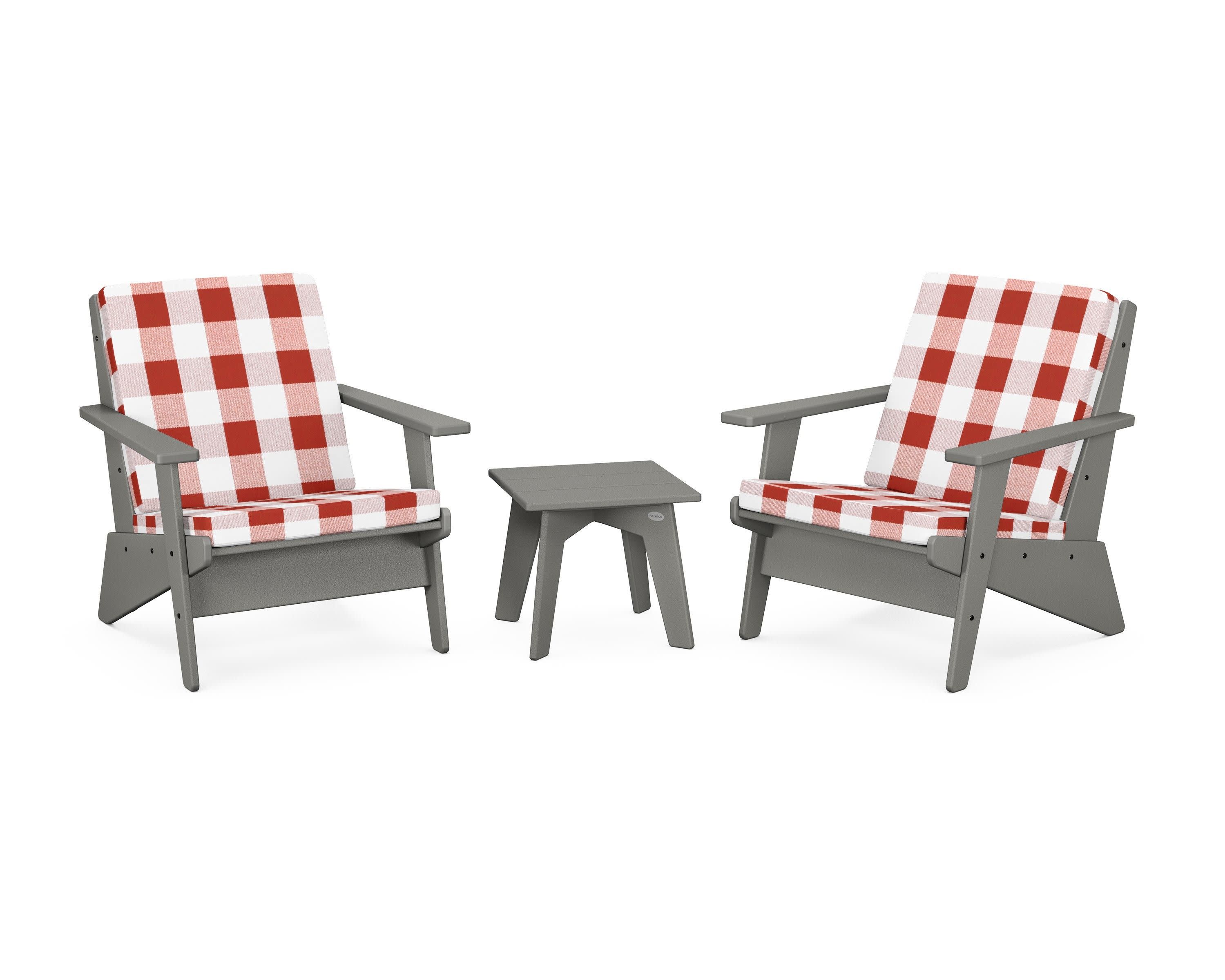 Riviera Modern Lounge 3-Piece Set in Slate Grey / Buffalo Plaid Crimson