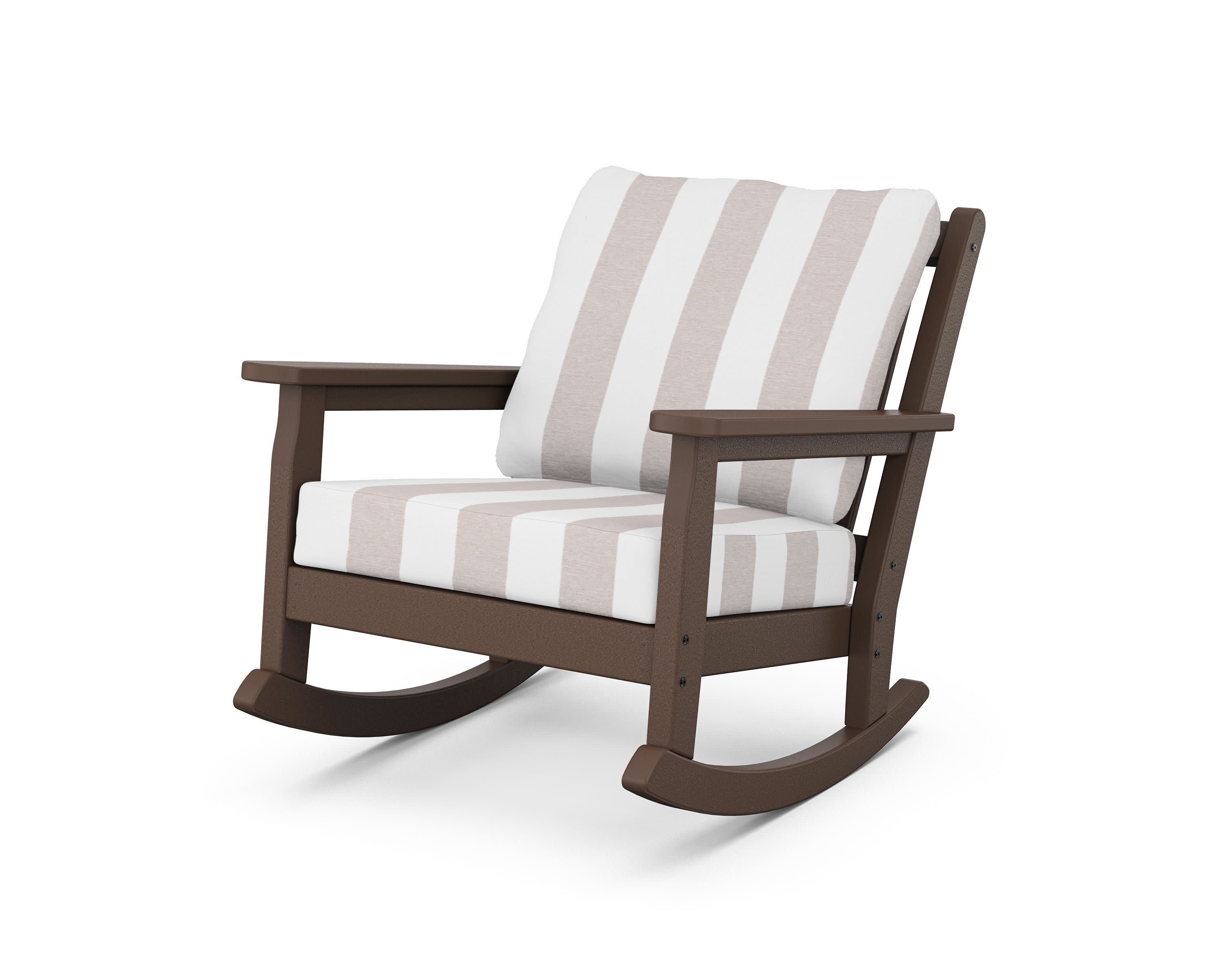 Chippendale Deep Seating Rocking Chair in Mahogany / Cabana Stripe Dune Burlap