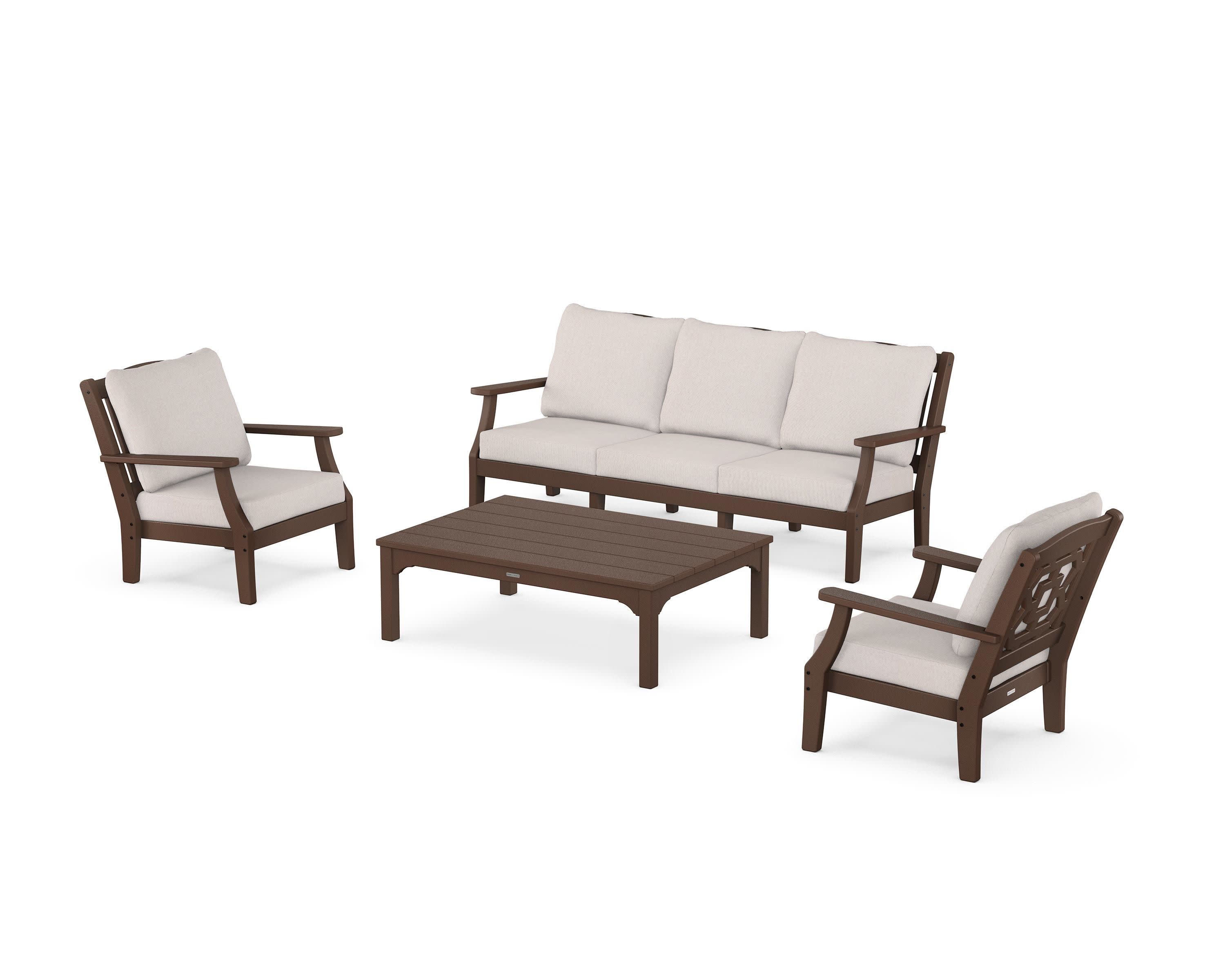 Chinoiserie 4-Piece Deep Seating Set with Sofa in Mahogany / Dune Burlap
