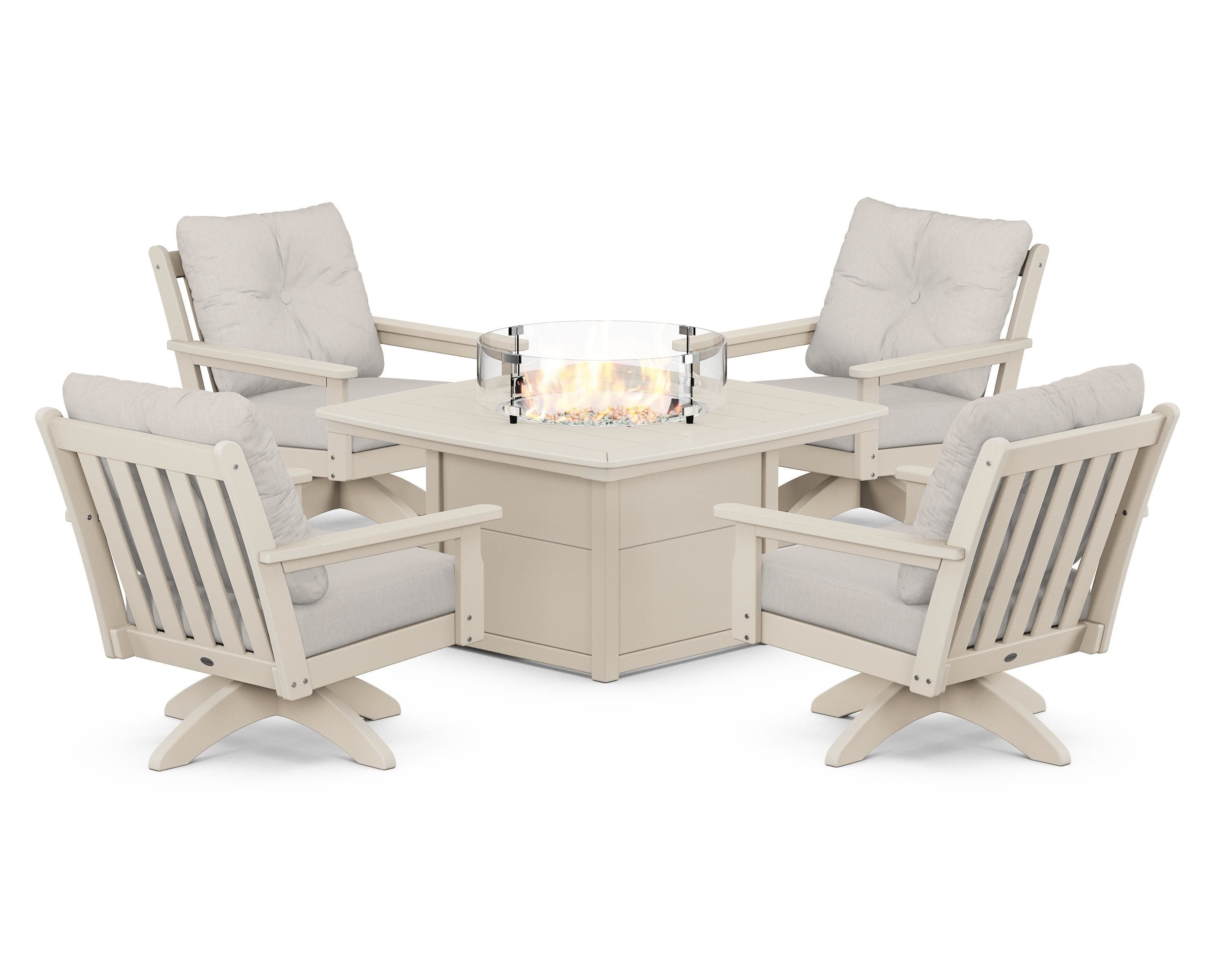 Vineyard 5-Piece Deep Seating Swivel Conversation Set with Fire Pit Table in Sand / Cast Ash