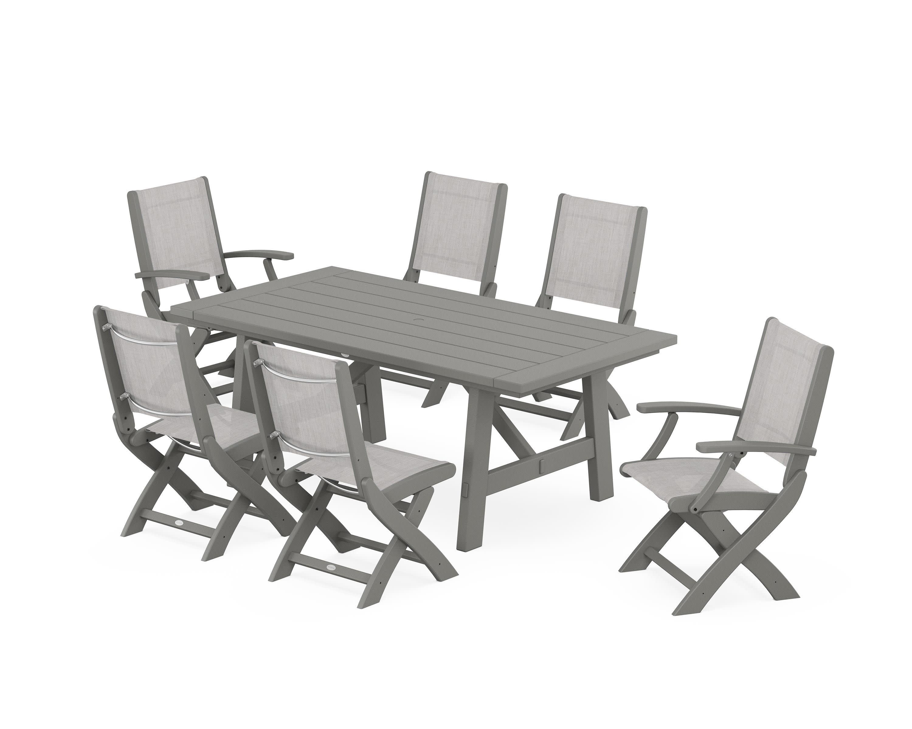 Coastal Folding Chair 7-Piece Rustic Farmhouse Dining Set in Slate Grey / Parchment Sling