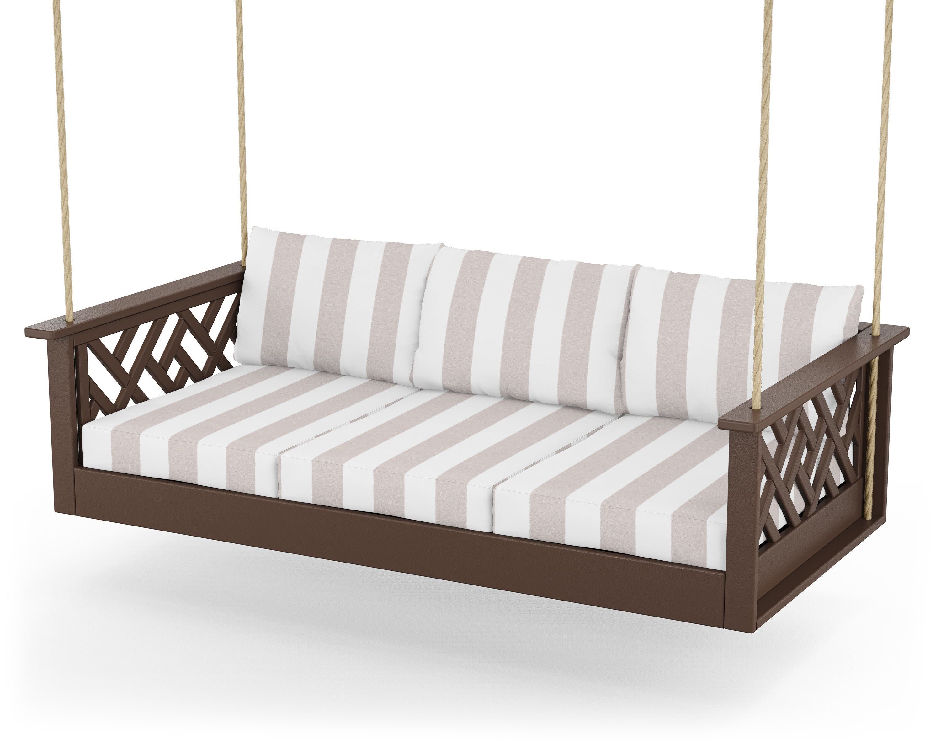 Chippendale Daybed Swing in Mahogany / Cabana Stripe Dune Burlap