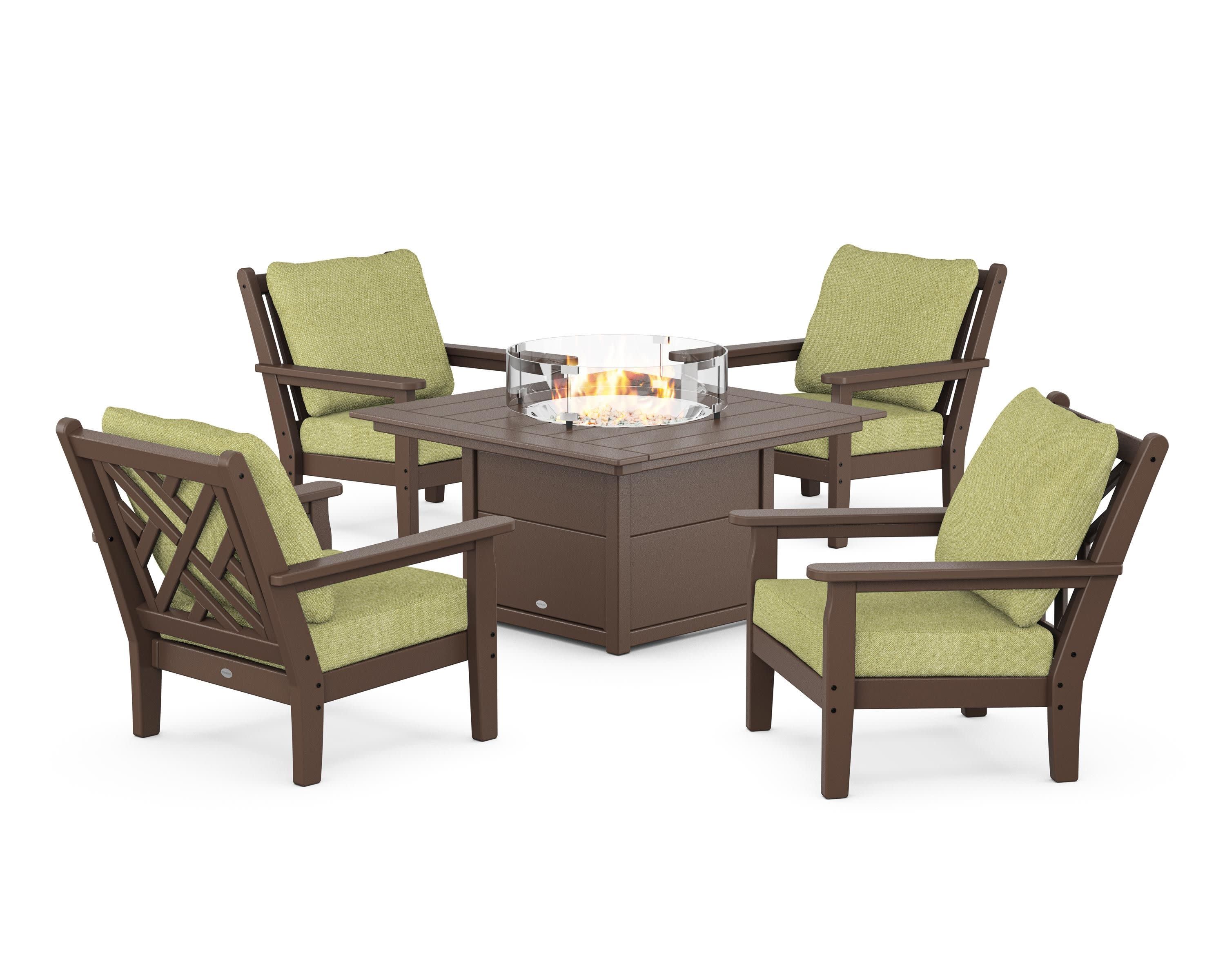 Chippendale 5-Piece Deep Seating Set with Fire Pit Table in Mahogany / Chartreuse Boucle
