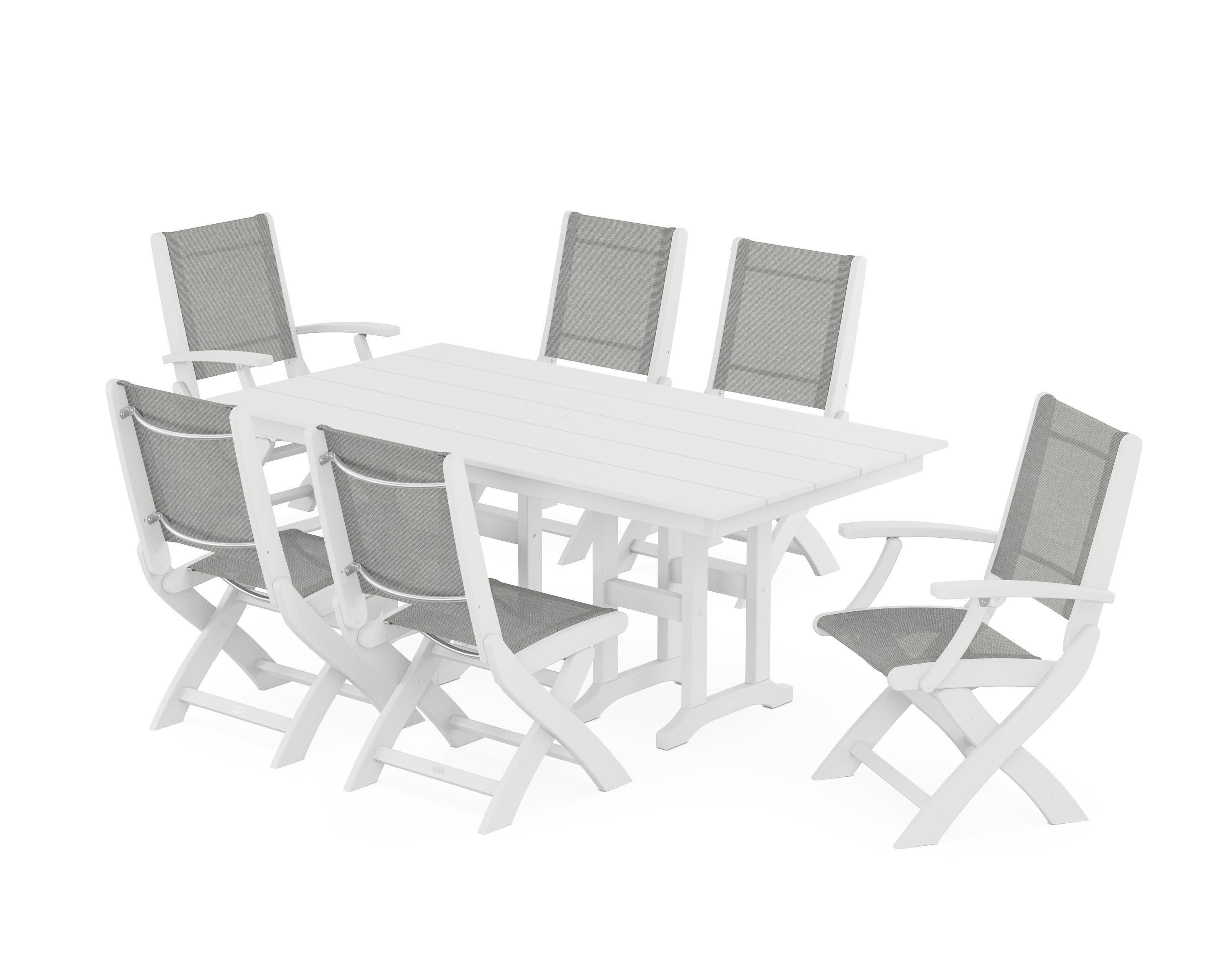 Coastal Folding Chair 7-Piece Farmhouse Dining Set in White / Metallic Sling
