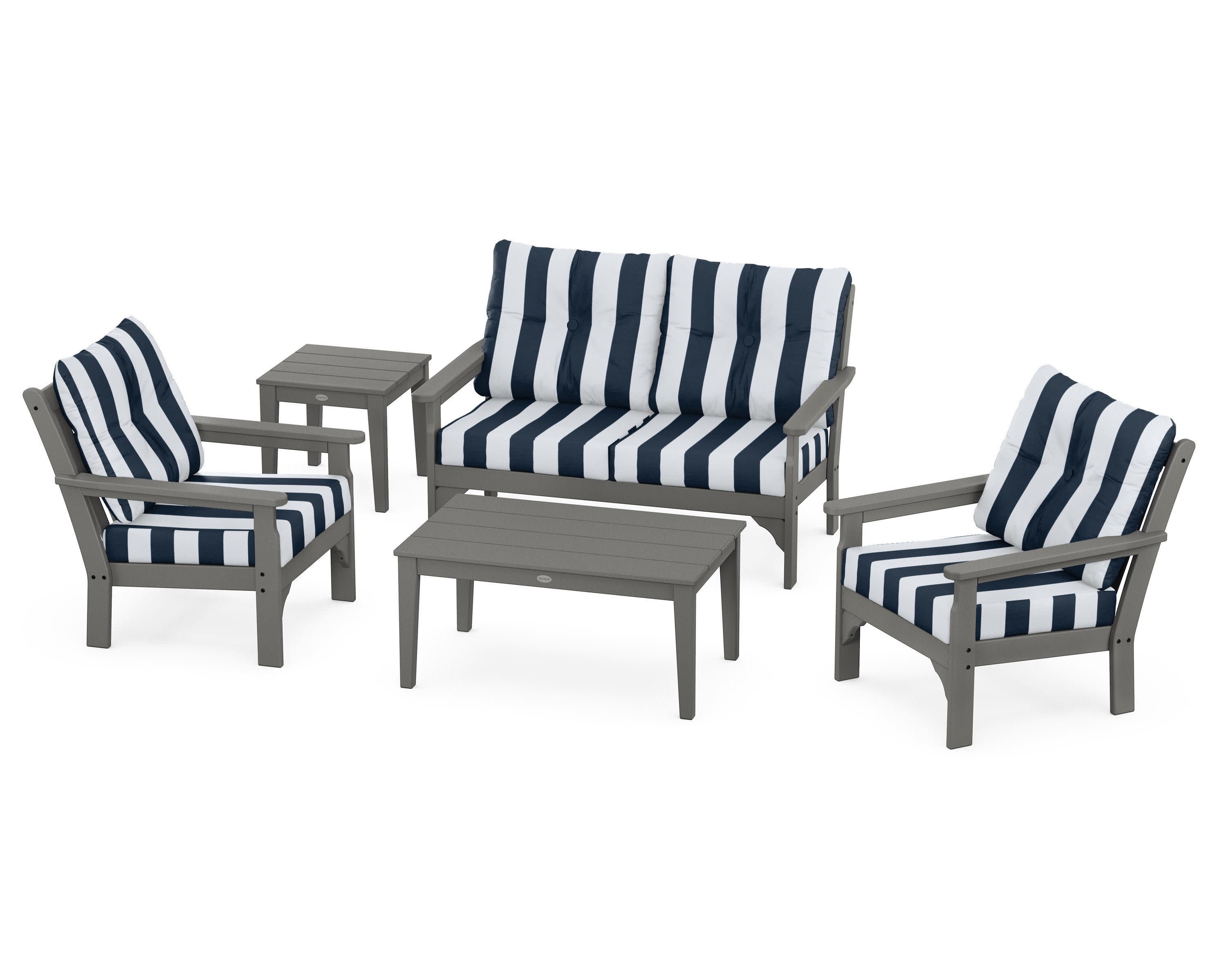 Vineyard 5-Piece Deep Seating Set in Slate Grey / Cabana Stripe Marine Indigo