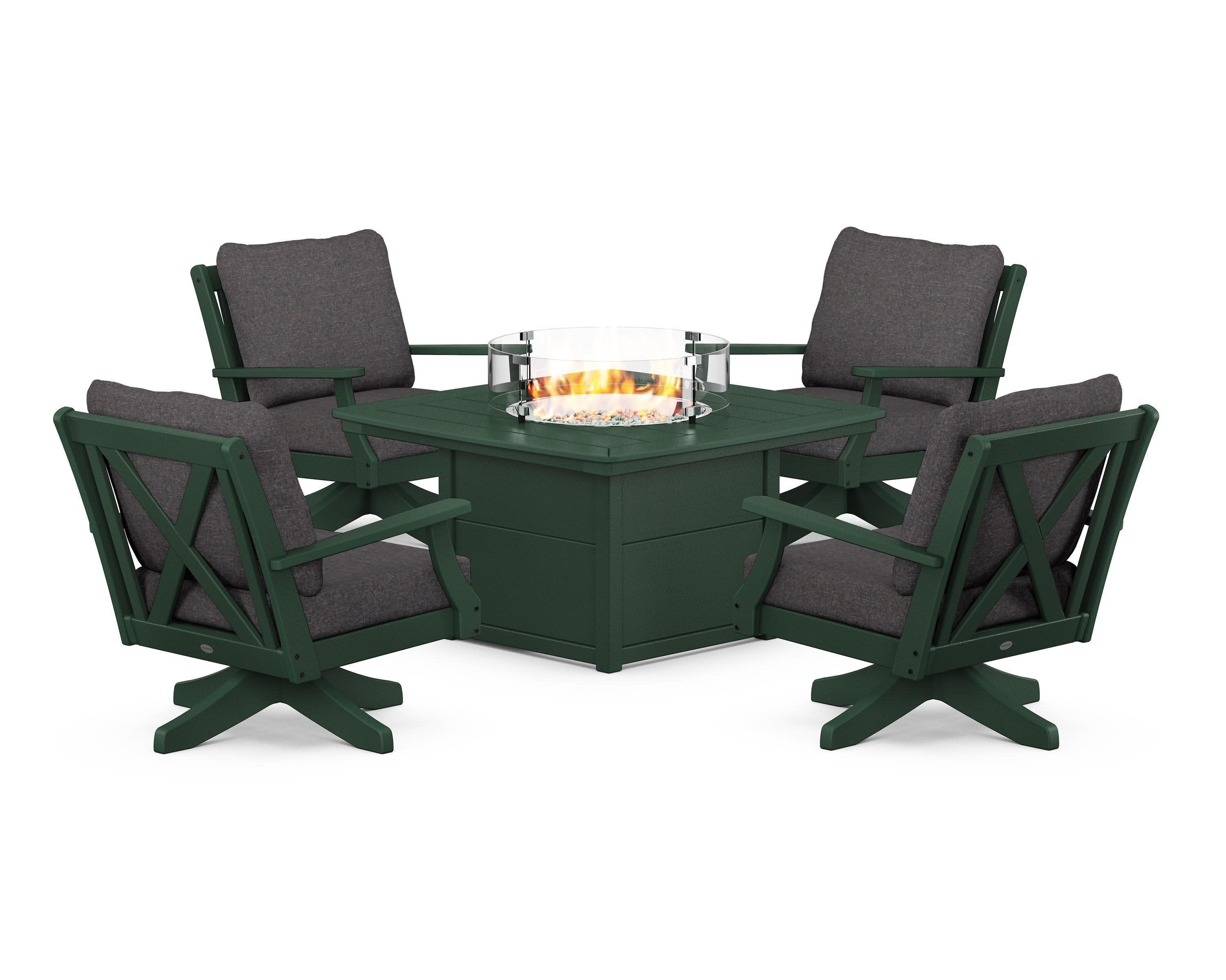 Braxton 5-Piece Deep Seating Swivel Conversation Set with Fire Pit Table in Green / Ash Charcoal