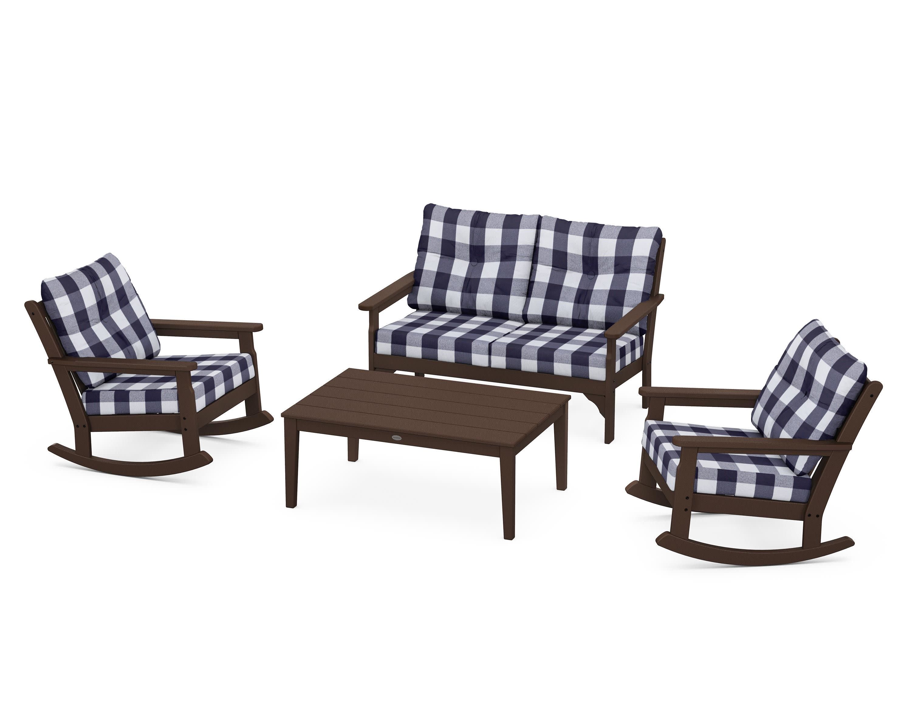 Vineyard 4-Piece Deep Seating Rocking Chair Set in Mahogany / Buffalo Plaid Navy