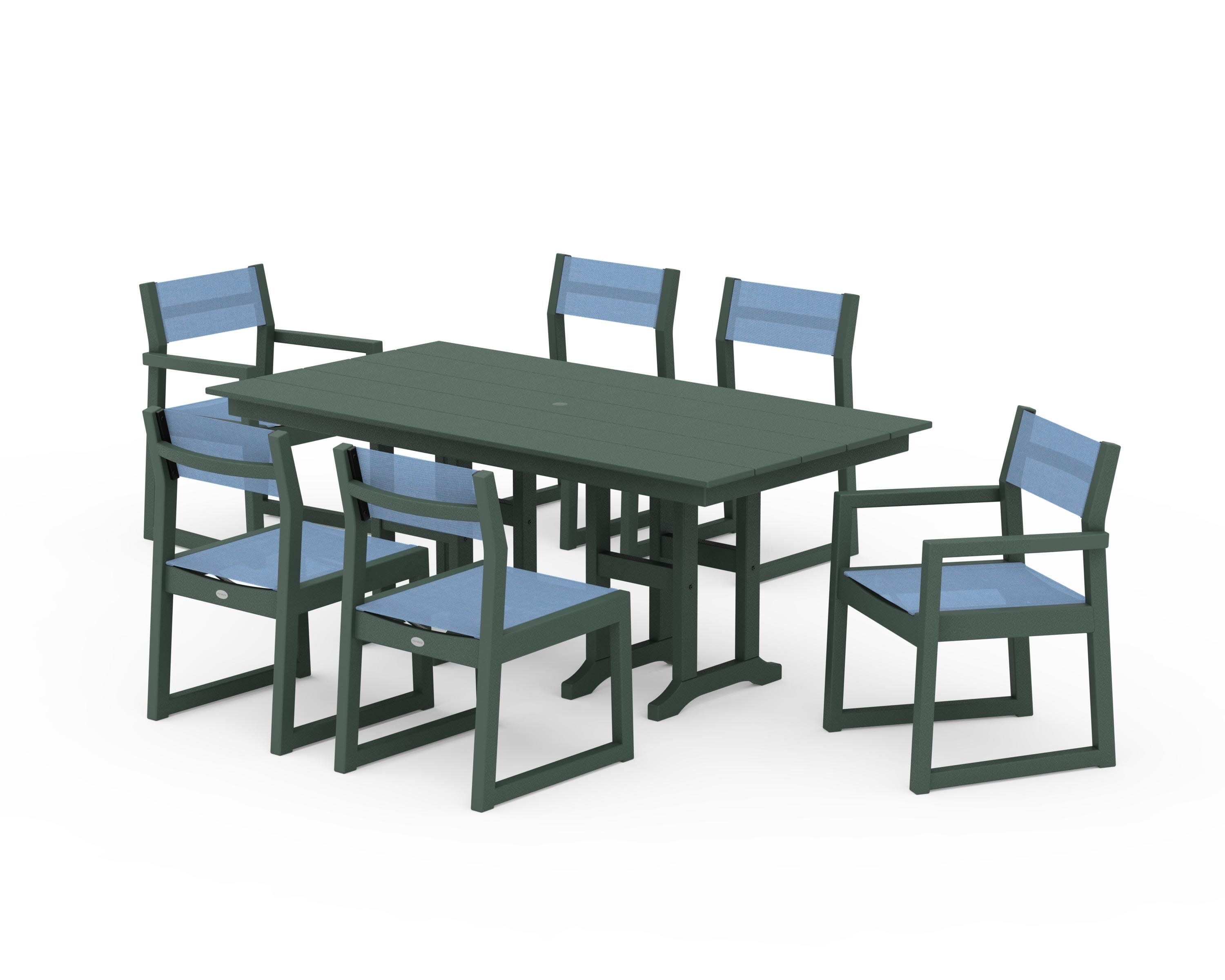EDGE Sling 7-Piece Farmhouse Dining Set in Green / Poolside Sling
