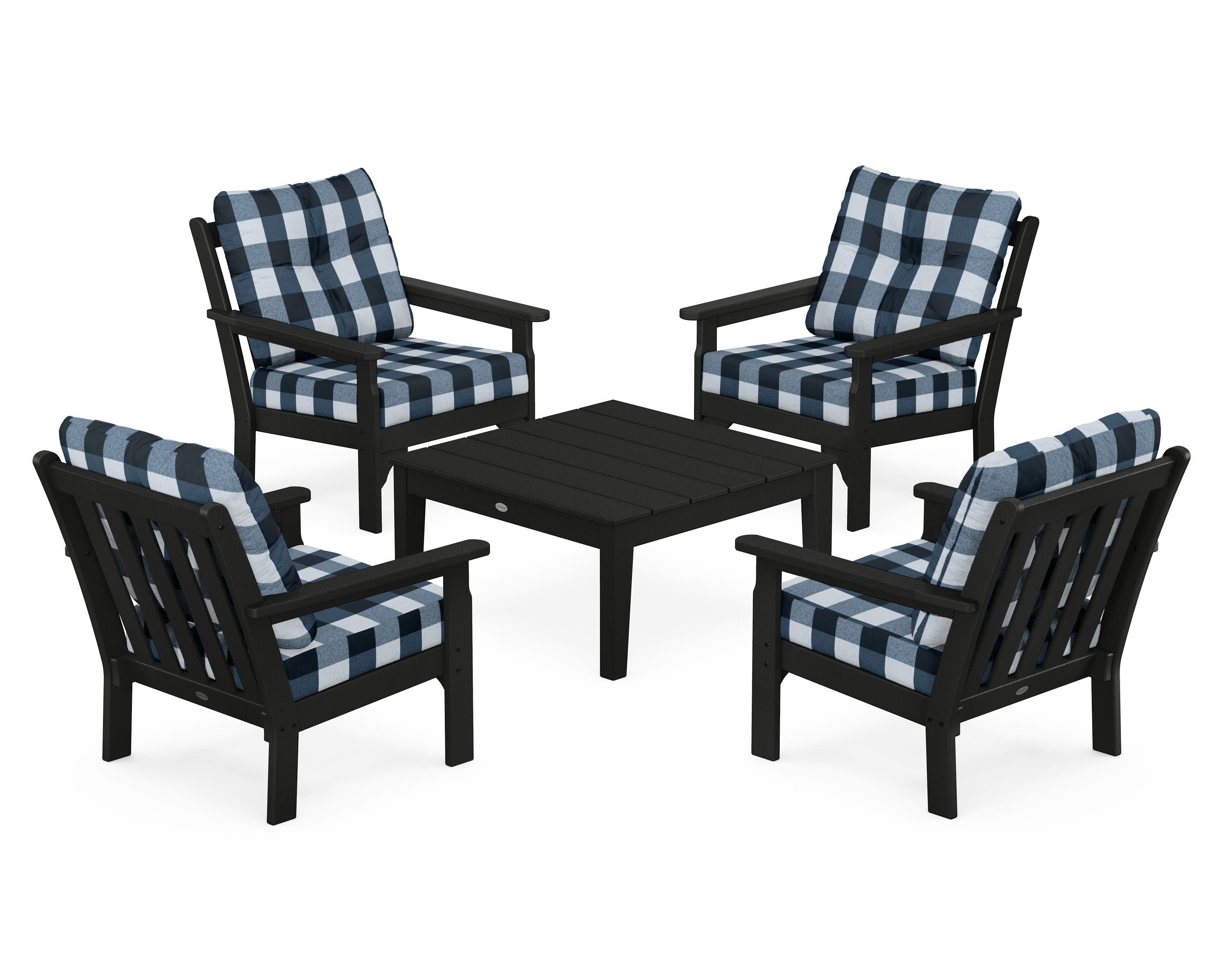 Vineyard 5-Piece Deep Seating Conversation Set in Black / Buffalo Plaid Marine Indigo