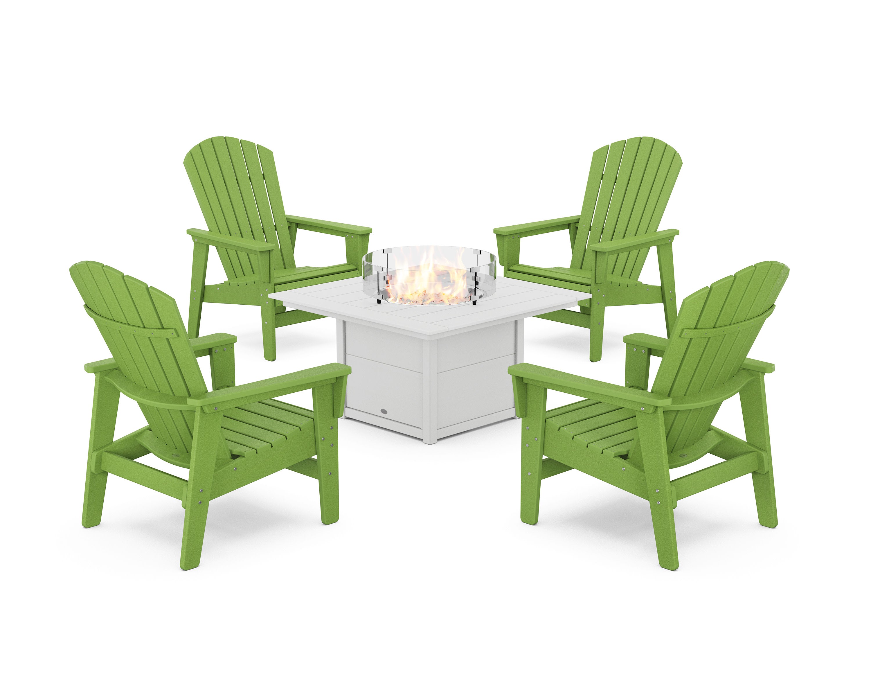 5-Piece Nautical Grand Upright Adirondack Conversation Set with Fire Pit Table in Lime / White