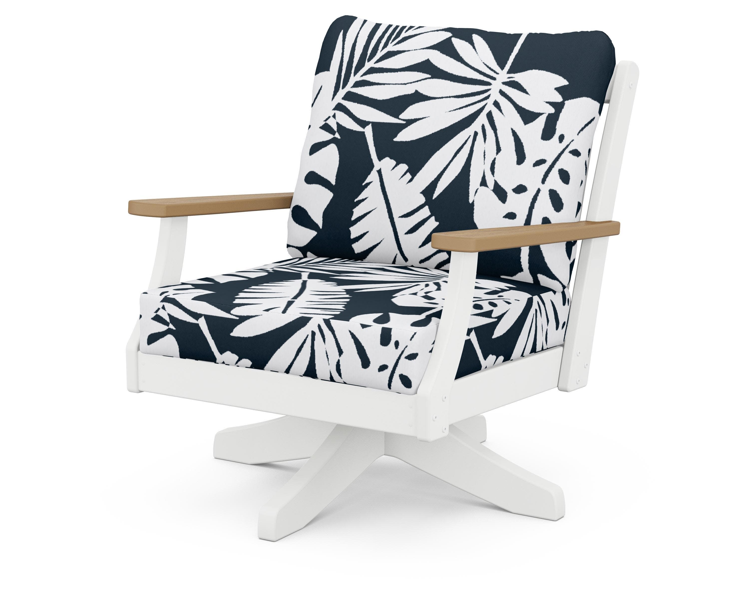 Braxton Deep Seating Swivel Chair in White / Natural / Leaf Marine Indigo