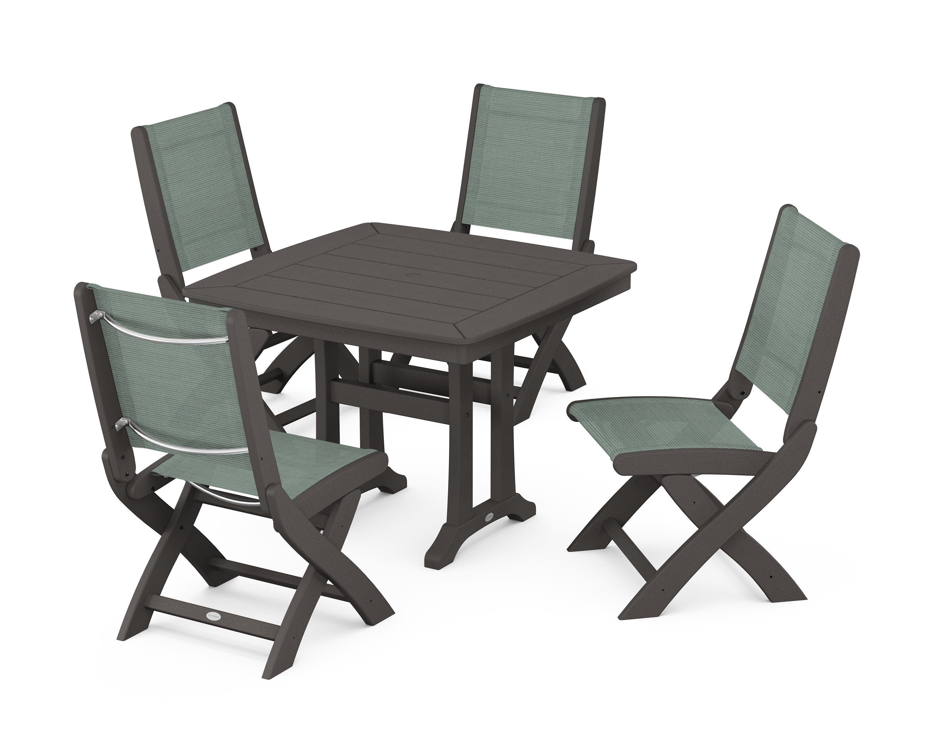 Coastal Folding Side Chair 5-Piece Dining Set with Trestle Legs in Vintage Coffee / Dupioni Sea Mist Sling
