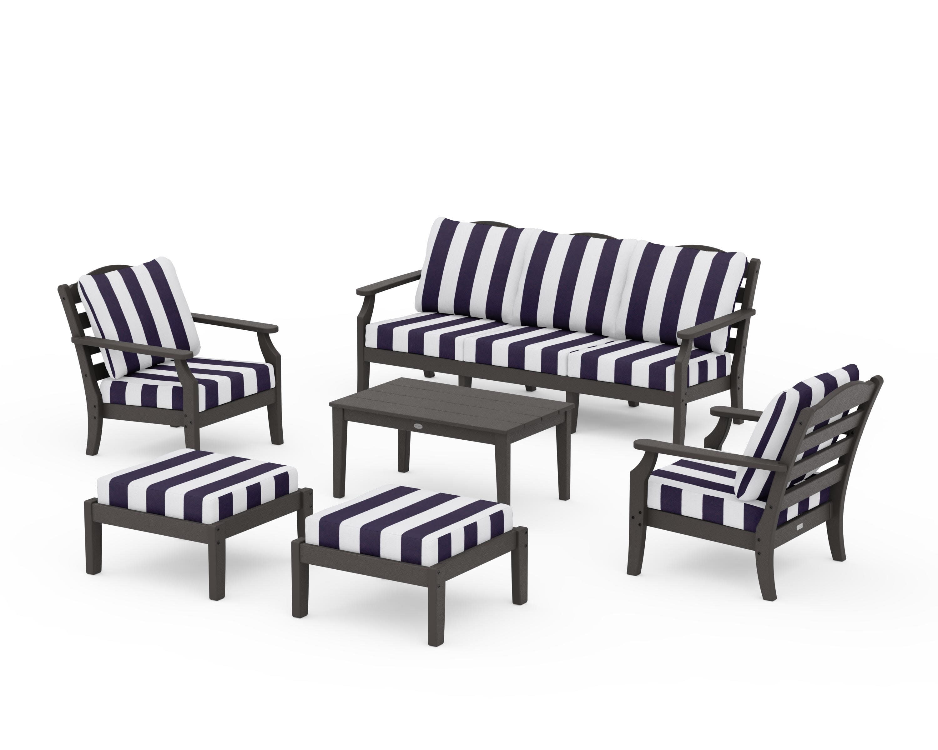 Savannah 6-Piece Lounge Sofa Set in Vintage Coffee / Cabana Stripe Navy