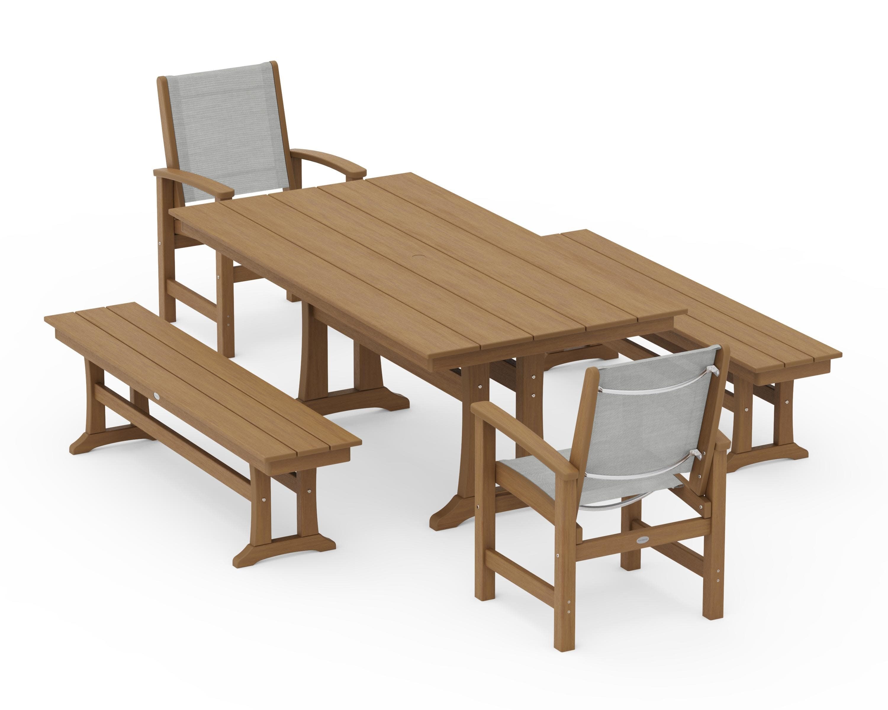 Coastal 5-Piece Farmhouse Dining Set with Trestle Legs and Benches in Natural / Metallic Sling