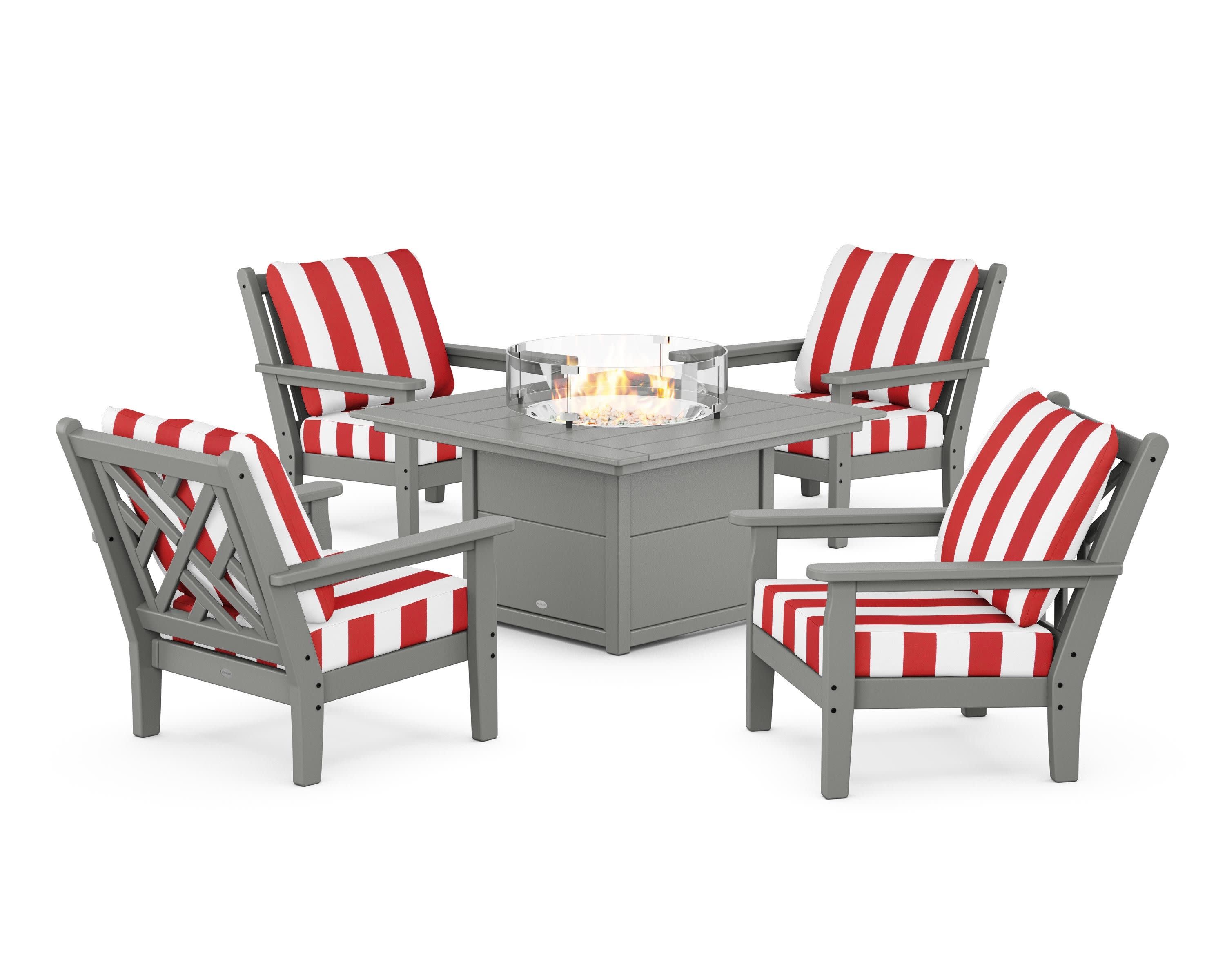 Chippendale 5-Piece Deep Seating Set with Fire Pit Table in Slate Grey / Cabana Stripe Crimson