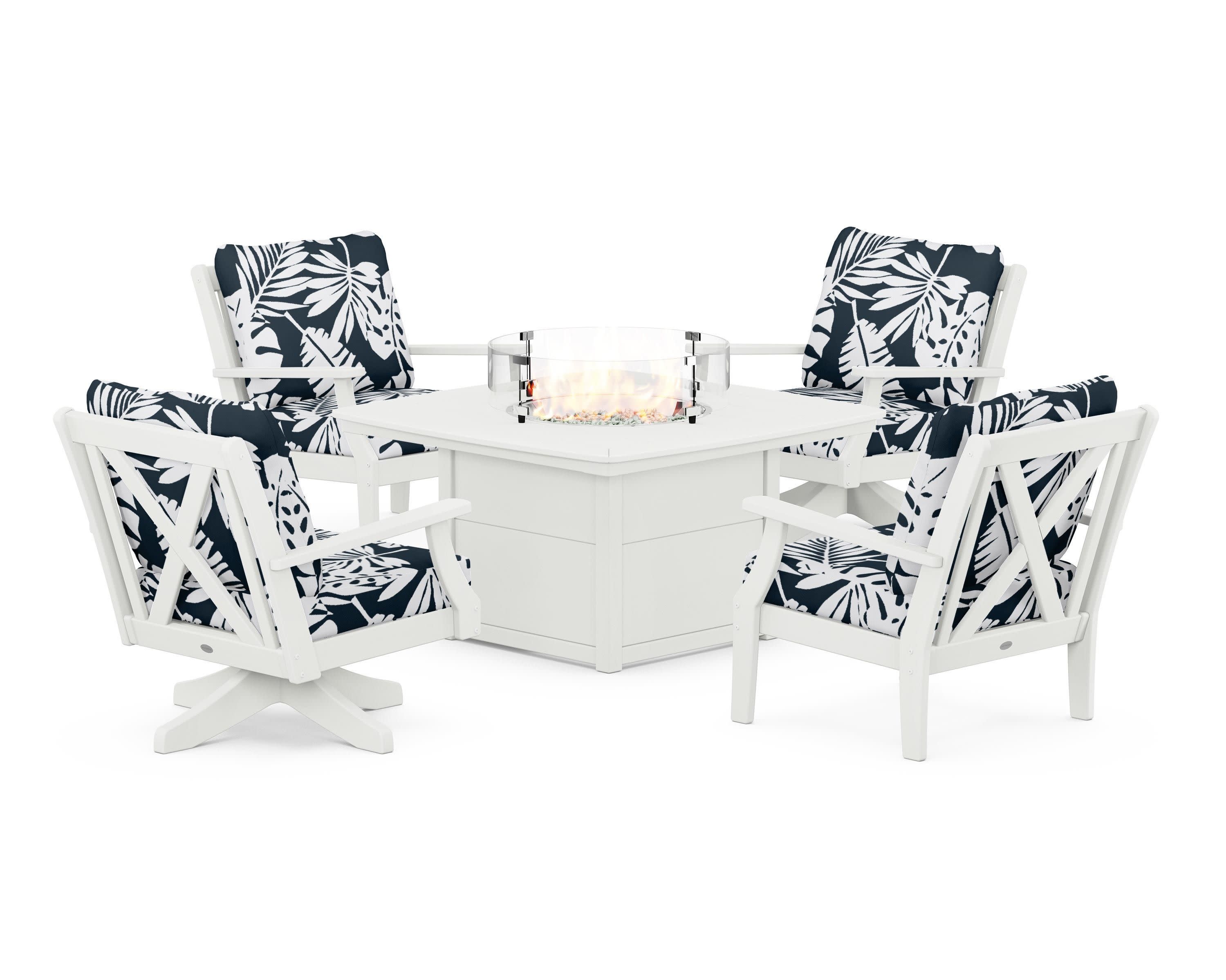 Braxton 5-Piece Deep Seating Set with Fire Table in Vintage White / Leaf Marine Indigo
