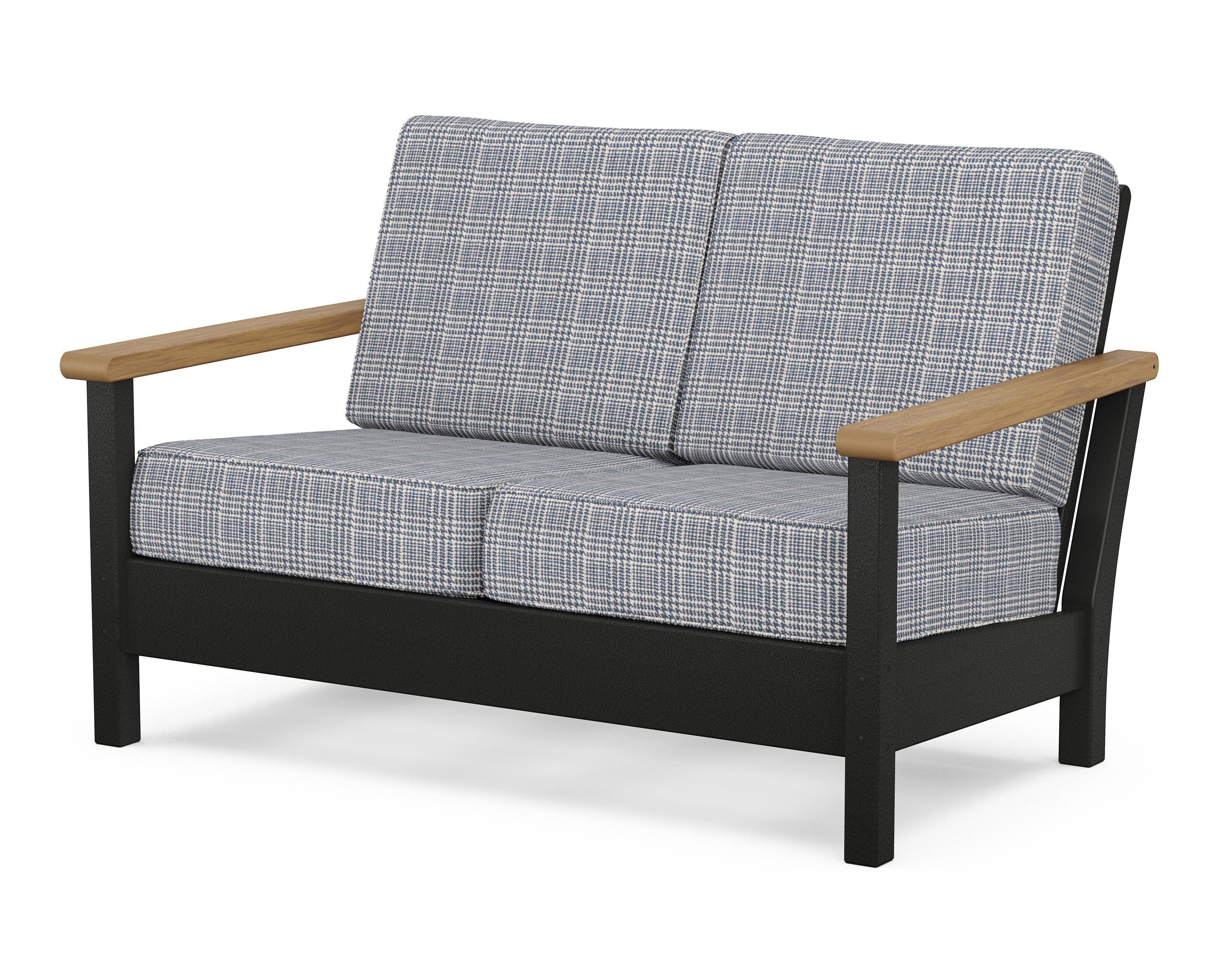 Harbour Deep Seating Loveseat in Black / Natural / Houndstooth Sky Blue