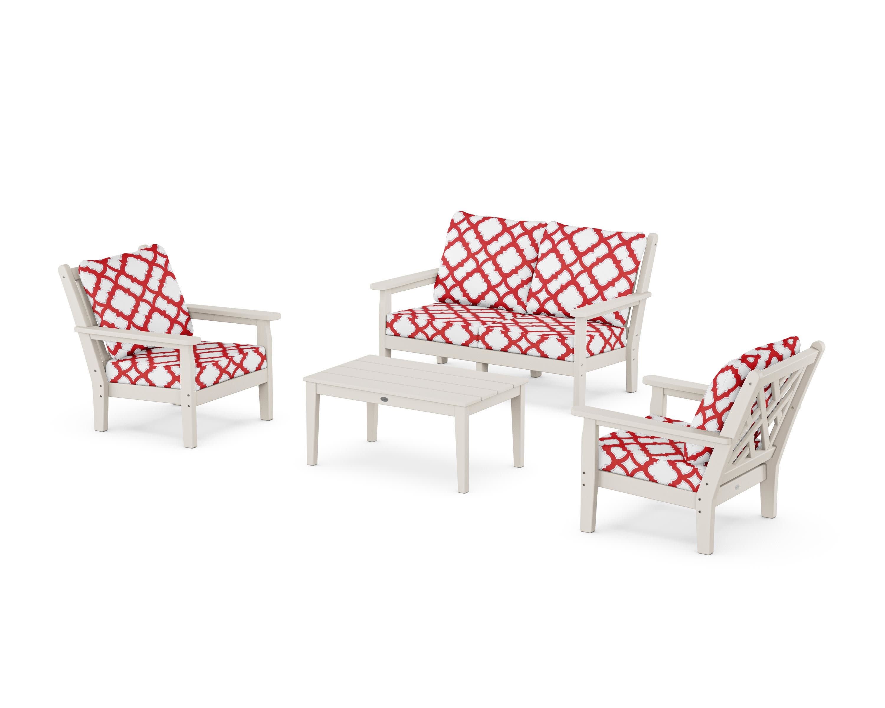 Chippendale 4-Piece Deep Seating Set with Loveseat in Sand / Trellis Crimson