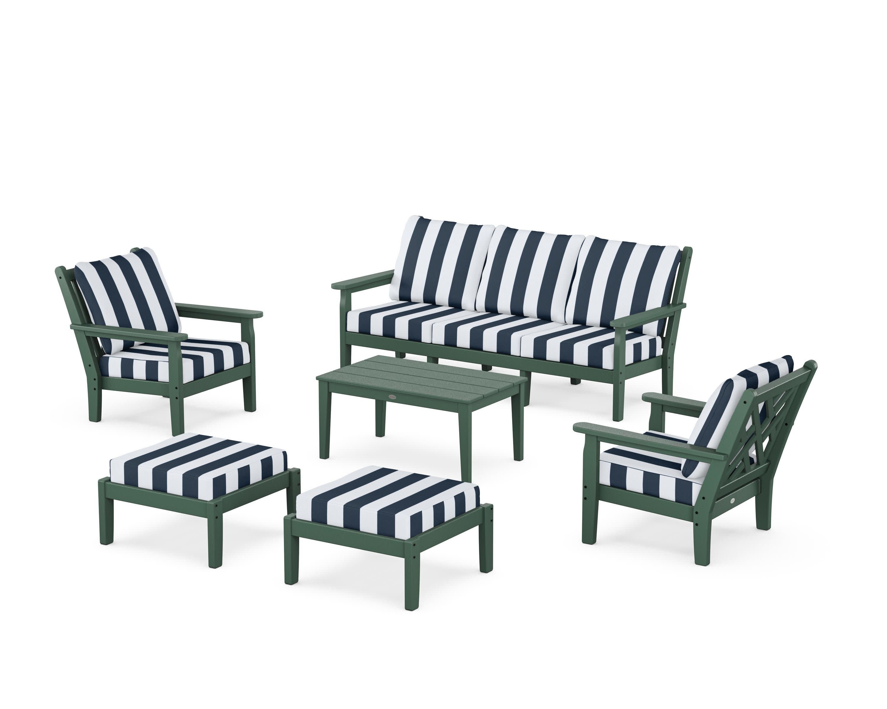 Chippendale 6-Piece Lounge Sofa Set in Green / Cabana Stripe Marine Indigo
