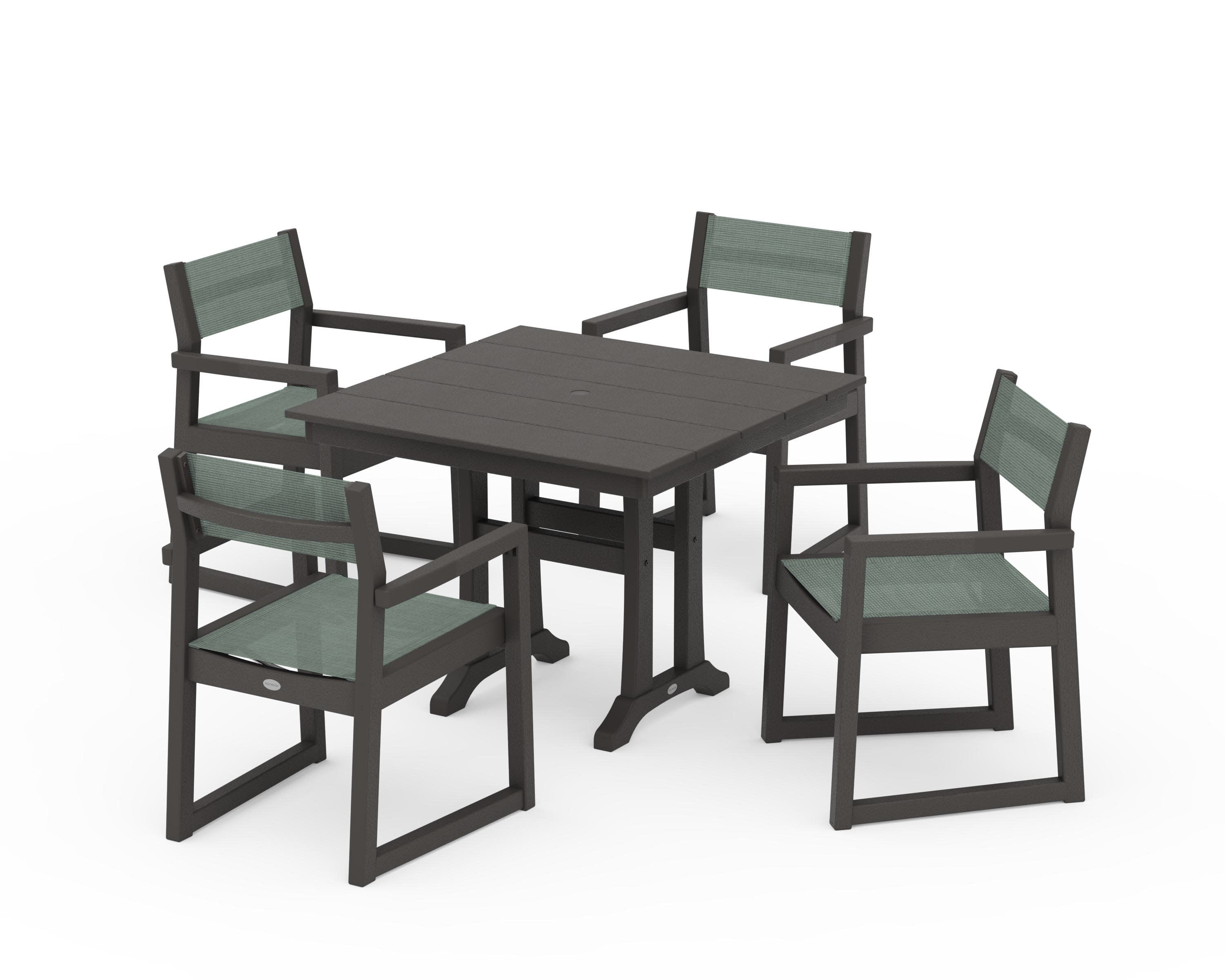 EDGE Sling 5-Piece Farmhouse Dining Set with Trestle Legs in Vintage Coffee / Dupioni Sea Mist Sling