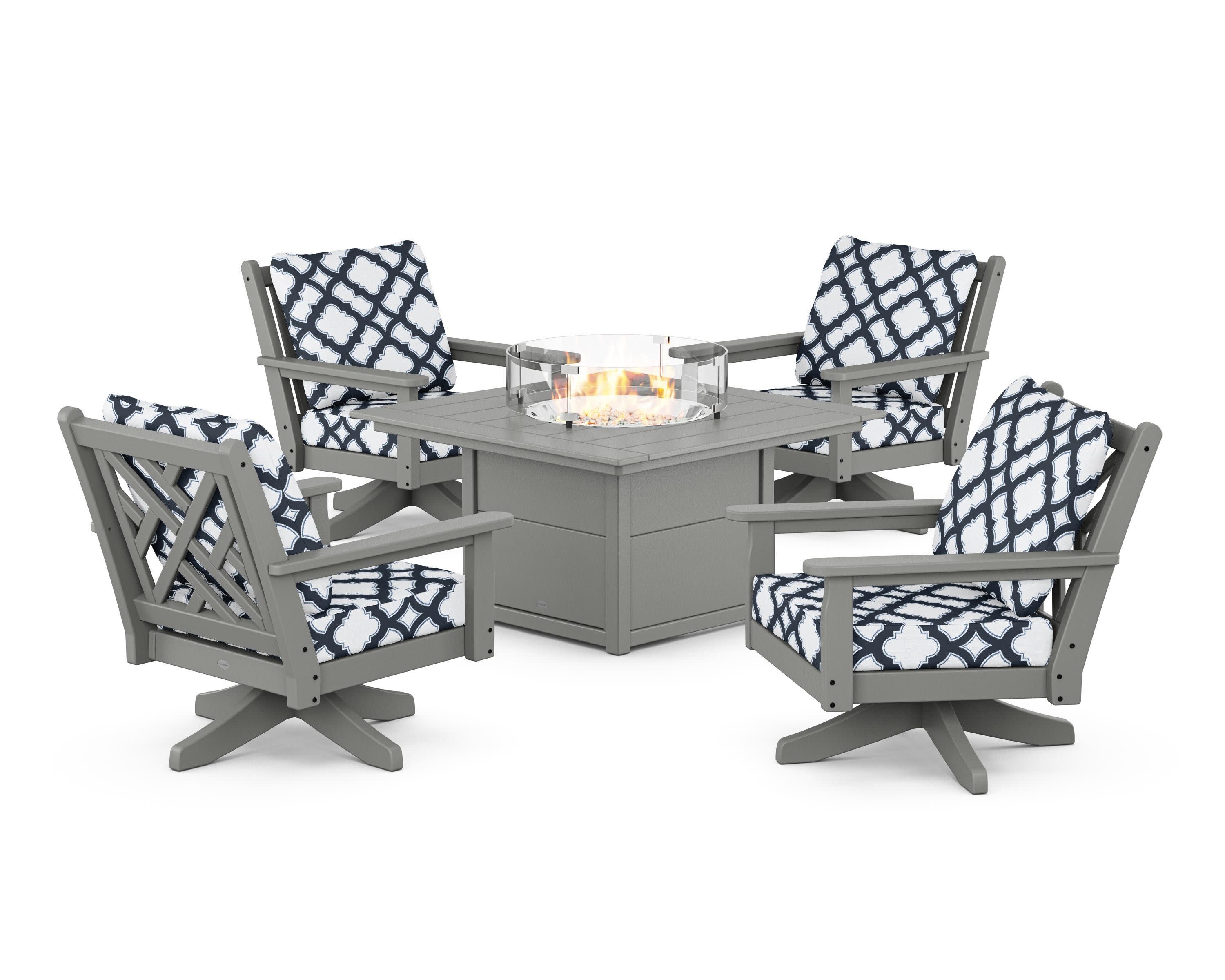 Chippendale 5-Piece Deep Seating Swivel Conversation Set with Fire Pit Table in Slate Grey / Trellis Marine Indigo
