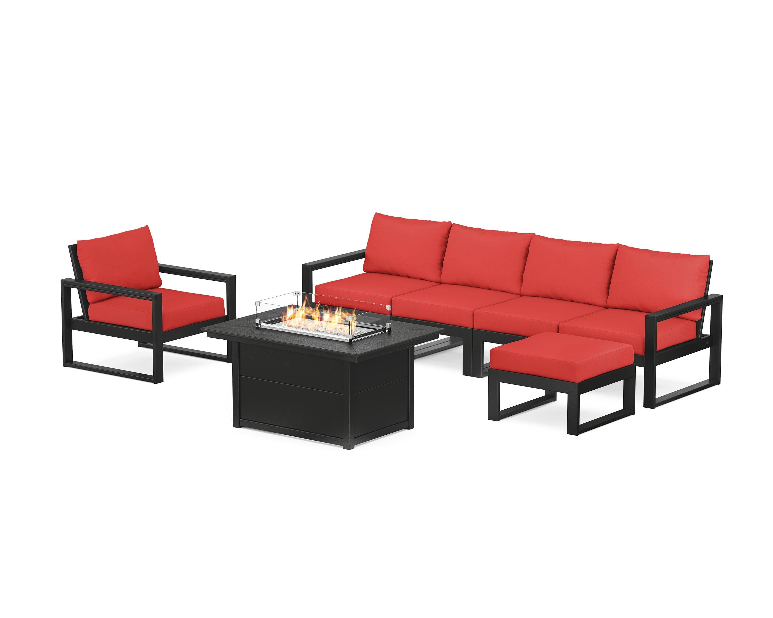 EDGE Sectional Lounge and Fire Pit Set in Black / Crimson Linen