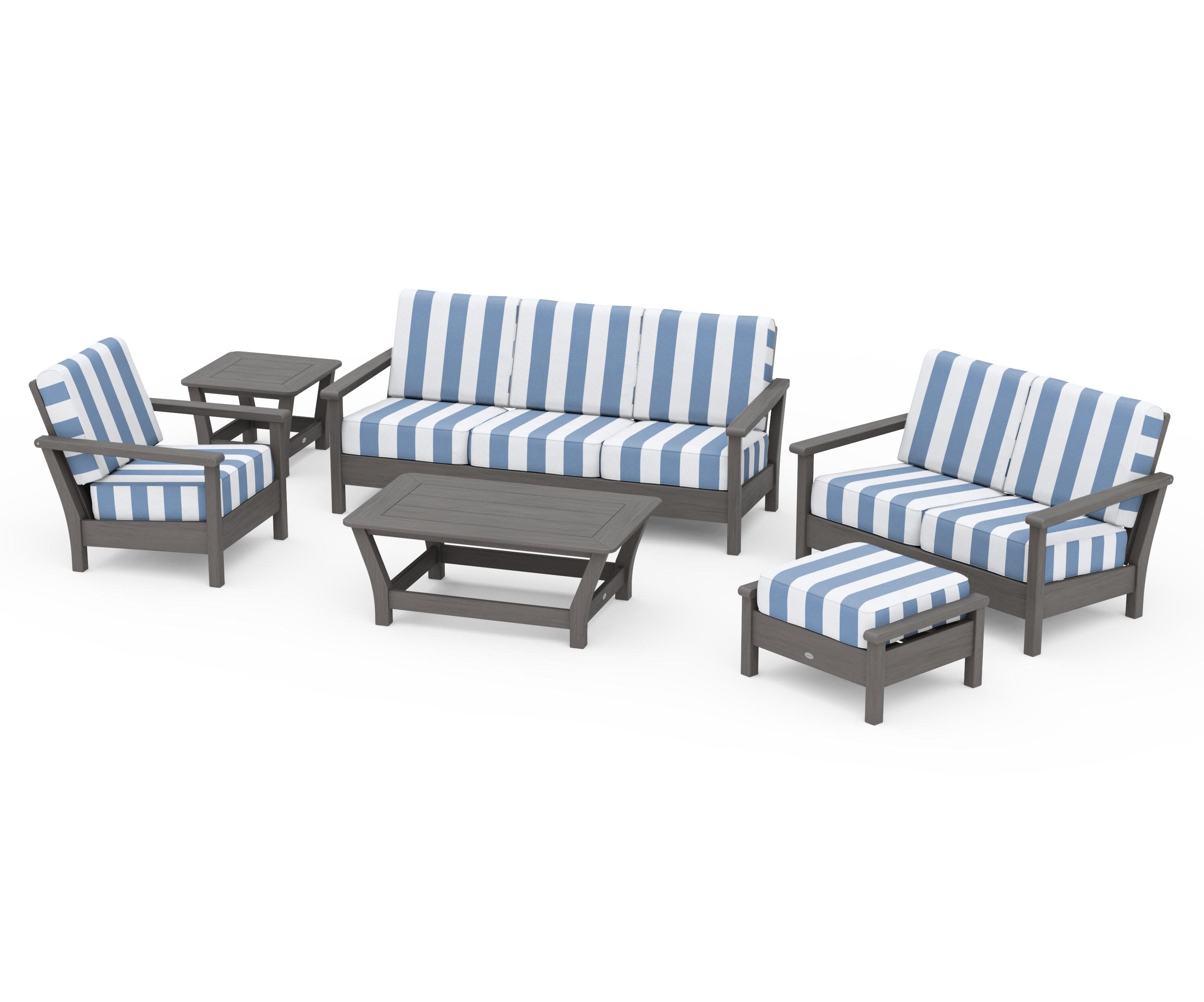 Harbour 6-Piece Outdoor Living Set in Driftwood / Cabana Stripe Sky Blue