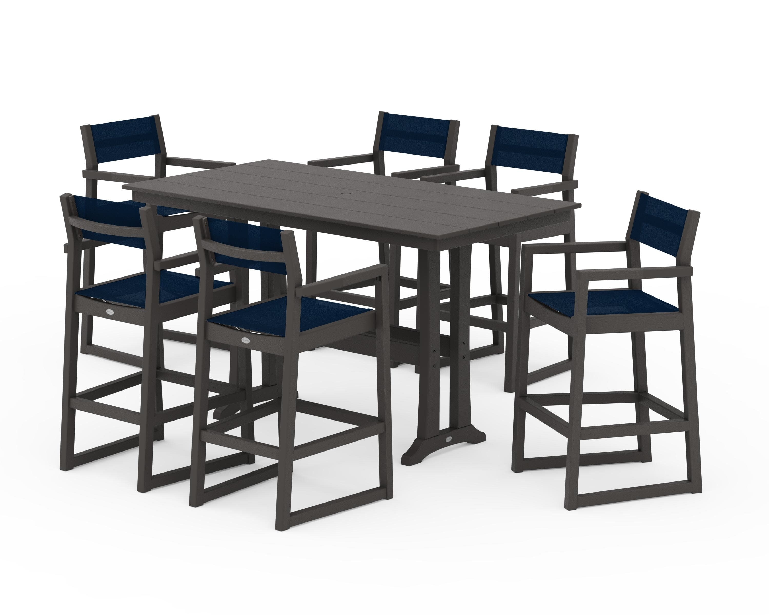 EDGE Sling Arm Chair 7-Piece Farmhouse Bar Set with Trestle Legs in Vintage Coffee / Navy Blue Sling
