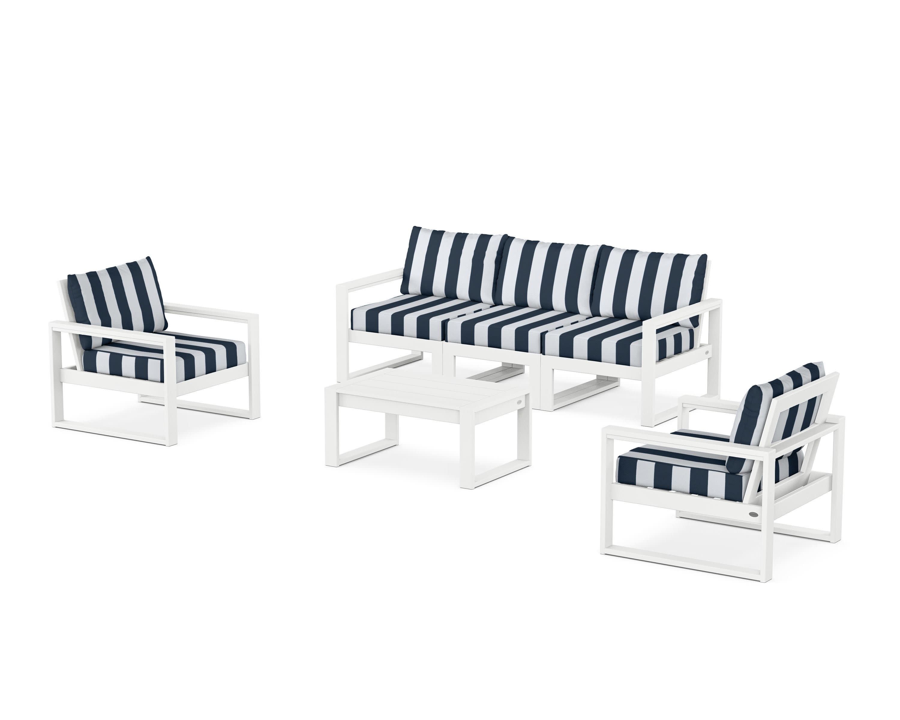 EDGE Sectional 4-Piece Deep Seating Set with Sofa in White / Cabana Stripe Marine Indigo