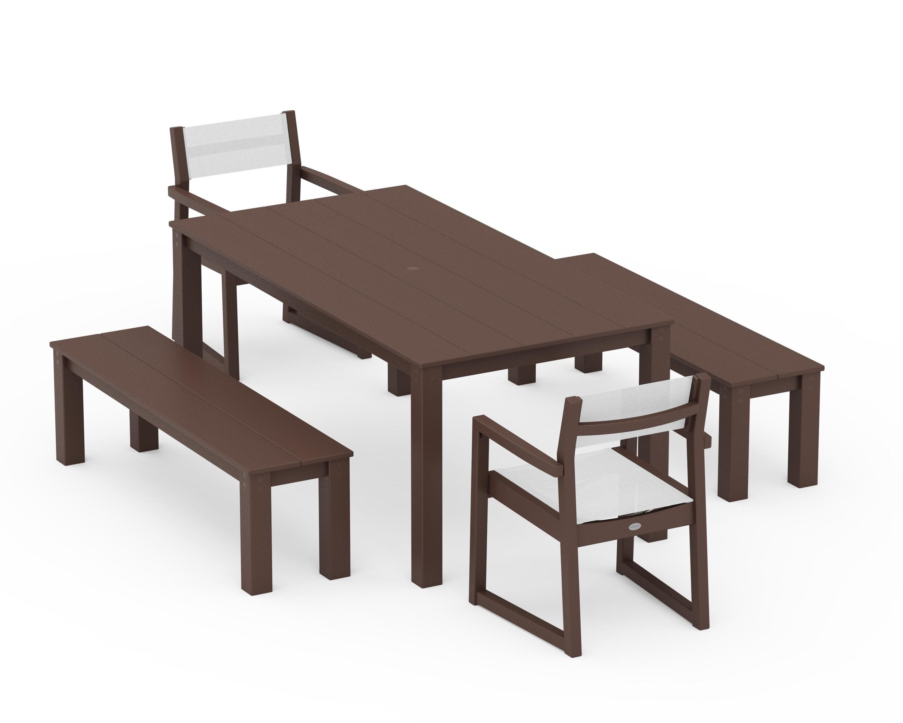 EDGE Sling Arm Chair 5-Piece Parsons Dining Set with Benches in Mahogany / White Sling