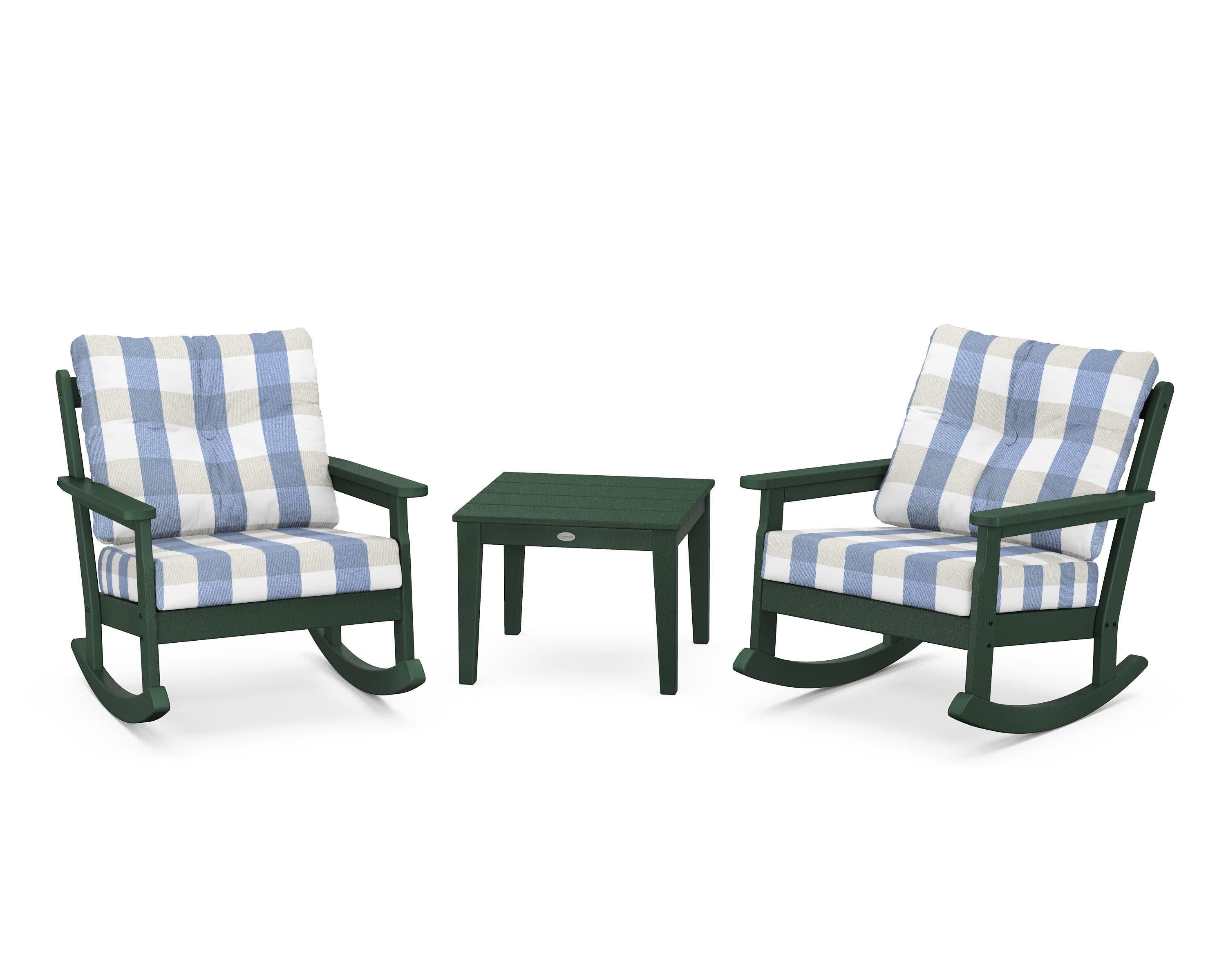Vineyard 3-Piece Deep Seating Rocker Set in Green / Buffalo Plaid Sky Blue
