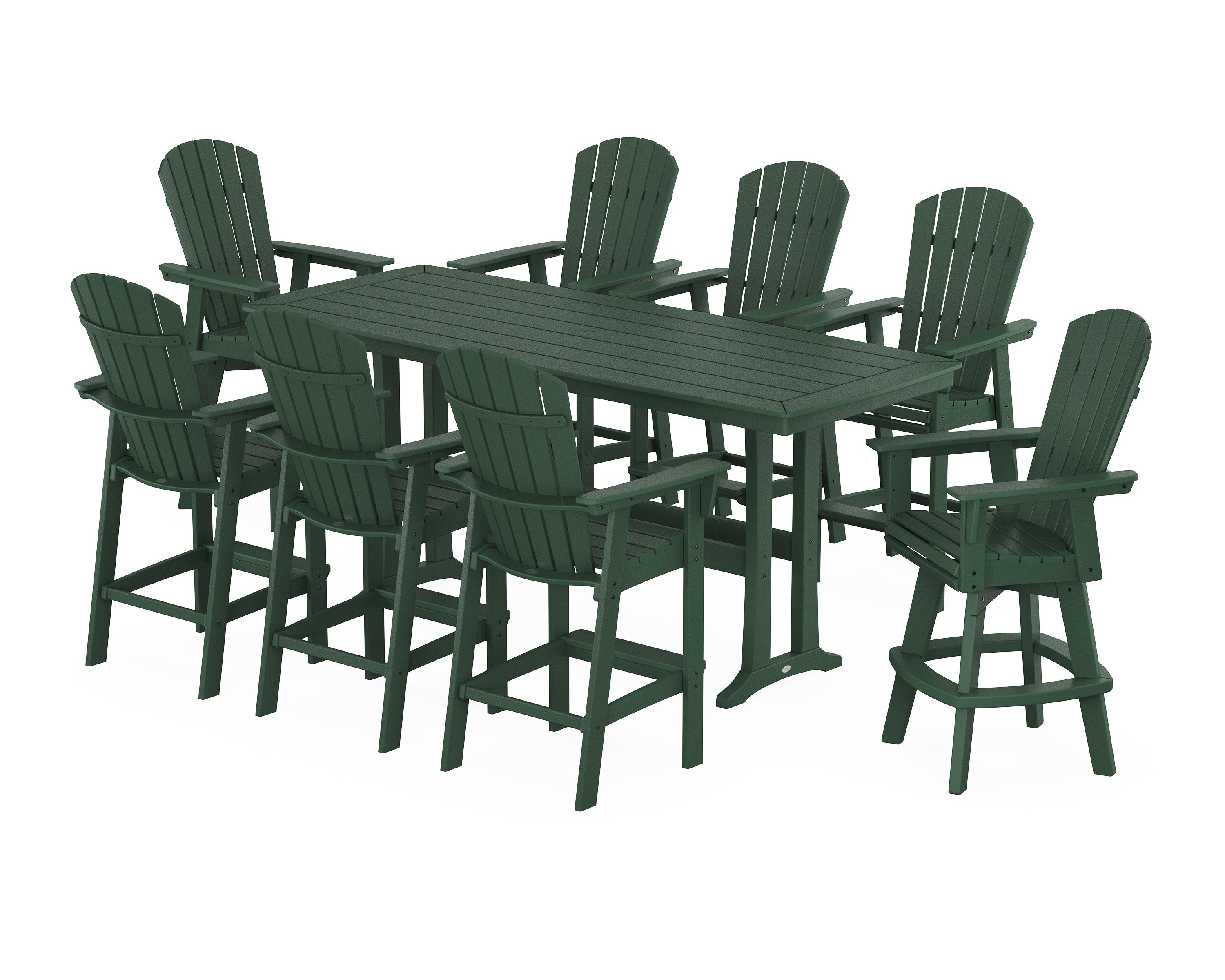 Nautical Curveback Adirondack Swivel 9-Piece Bar Set with Trestle Legs in Green
