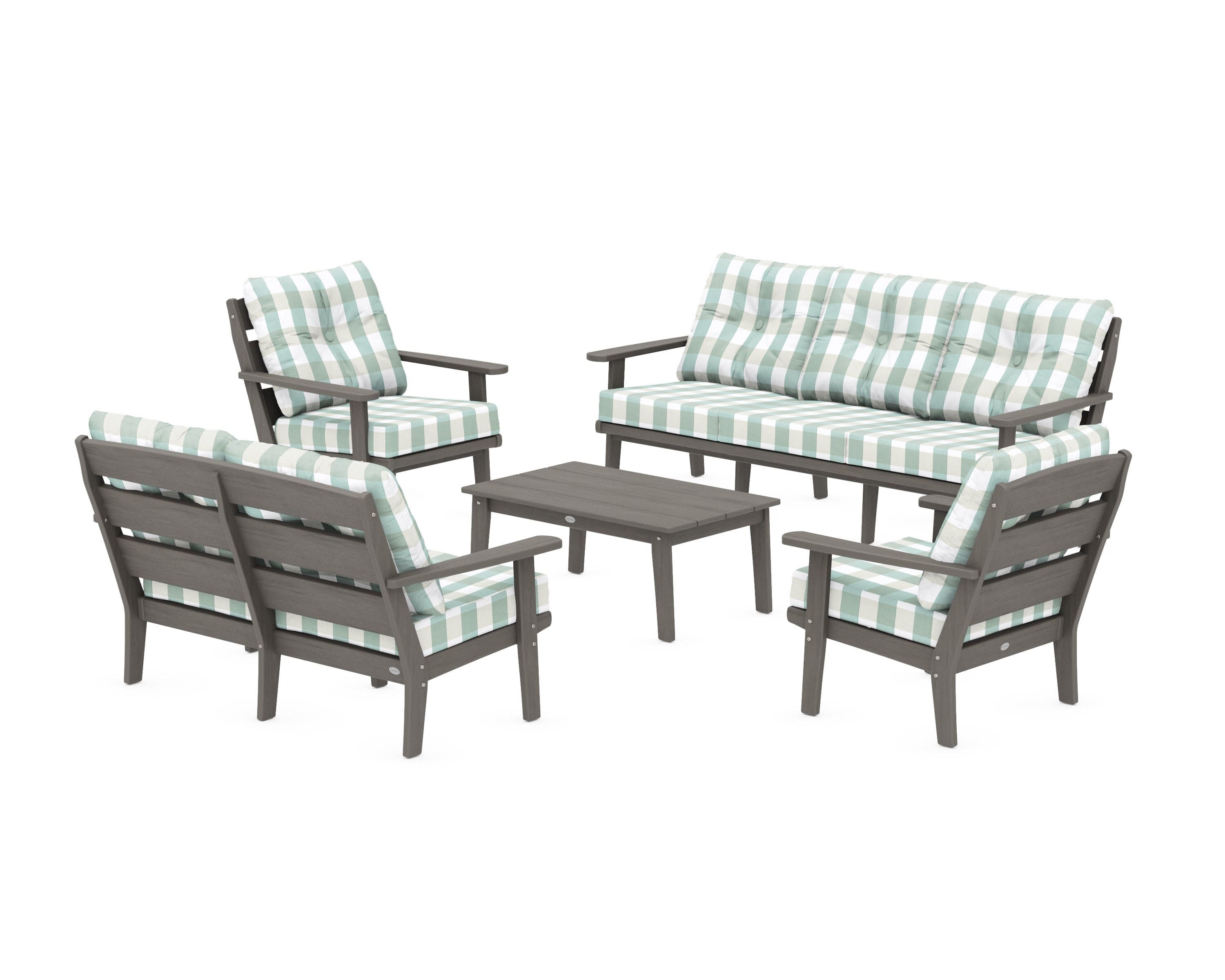 Lakeside 5-Piece Lounge Sofa Set in Driftwood / Buffalo Plaid Glacier Spa