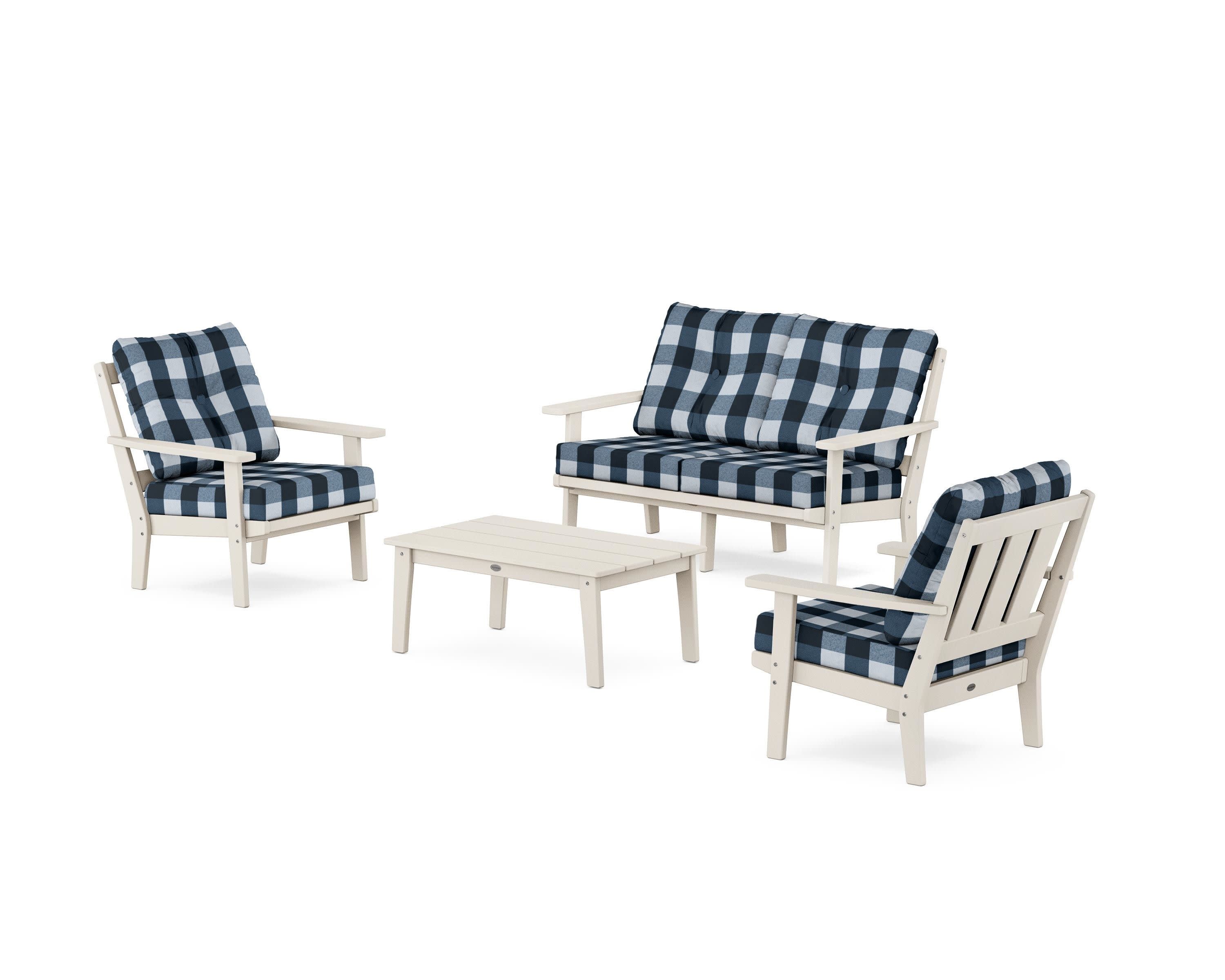 Oxford 4-Piece Deep Seating Set with Loveseat in Sand / Buffalo Plaid Marine Indigo