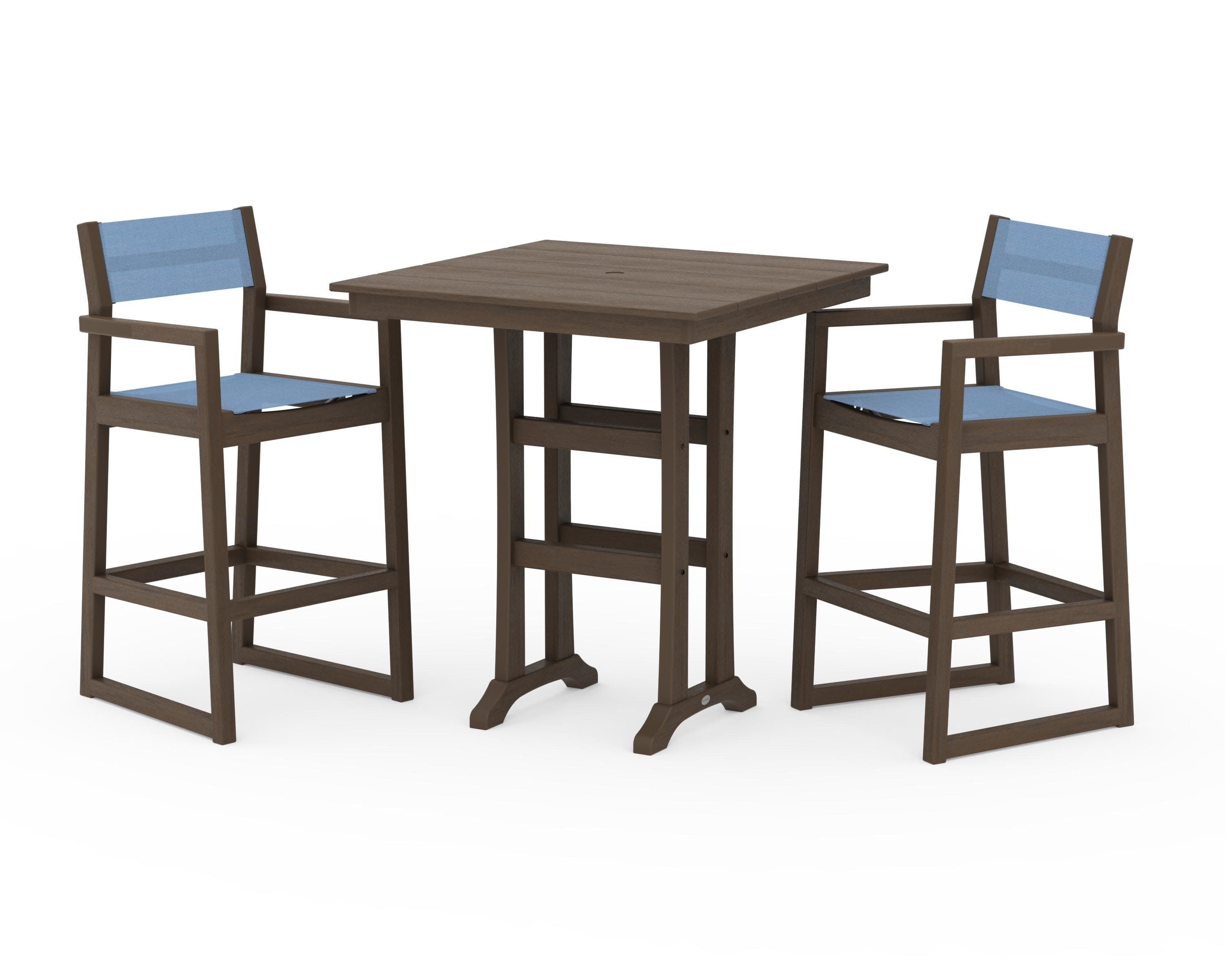 EDGE Sling Arm Chair 3-Piece Farmhouse Bar Set with Trestle Legs in Kona / Poolside Sling