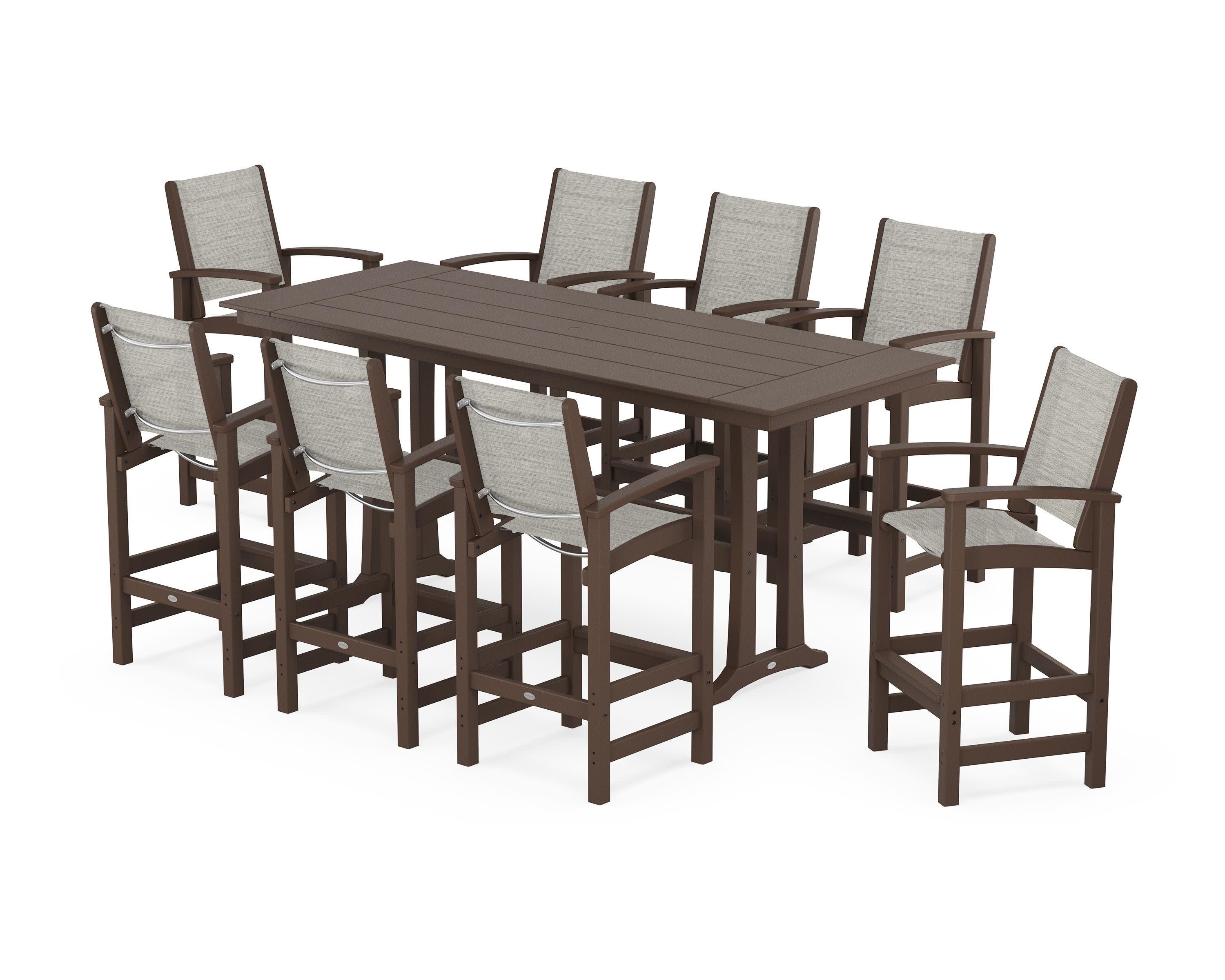 Coastal 9-Piece Farmhouse Bar Set with Trestle Legs in Mahogany / Birch Sling