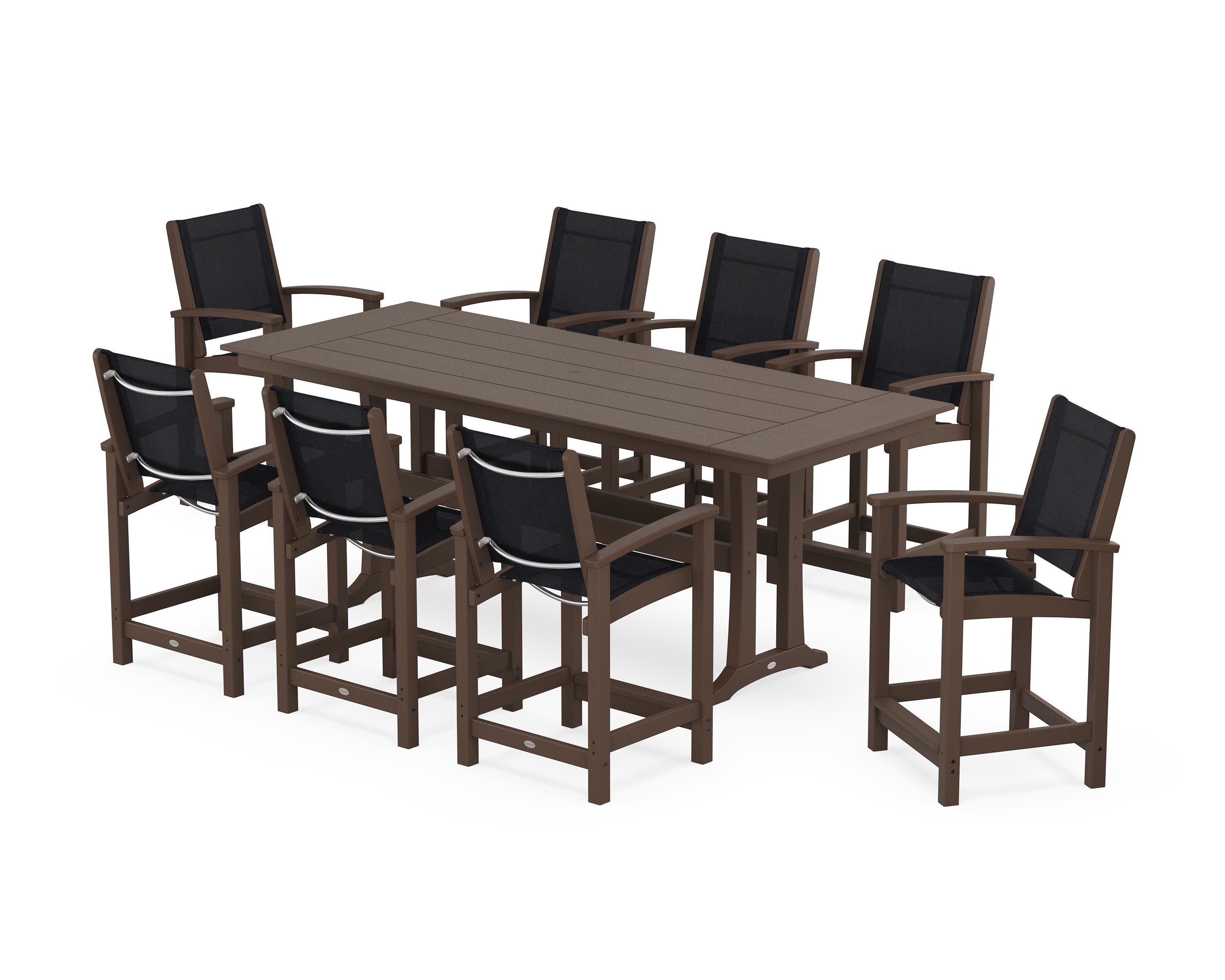 Coastal 9-Piece Farmhouse Counter Set with Trestle Legs in Mahogany / Black Sling