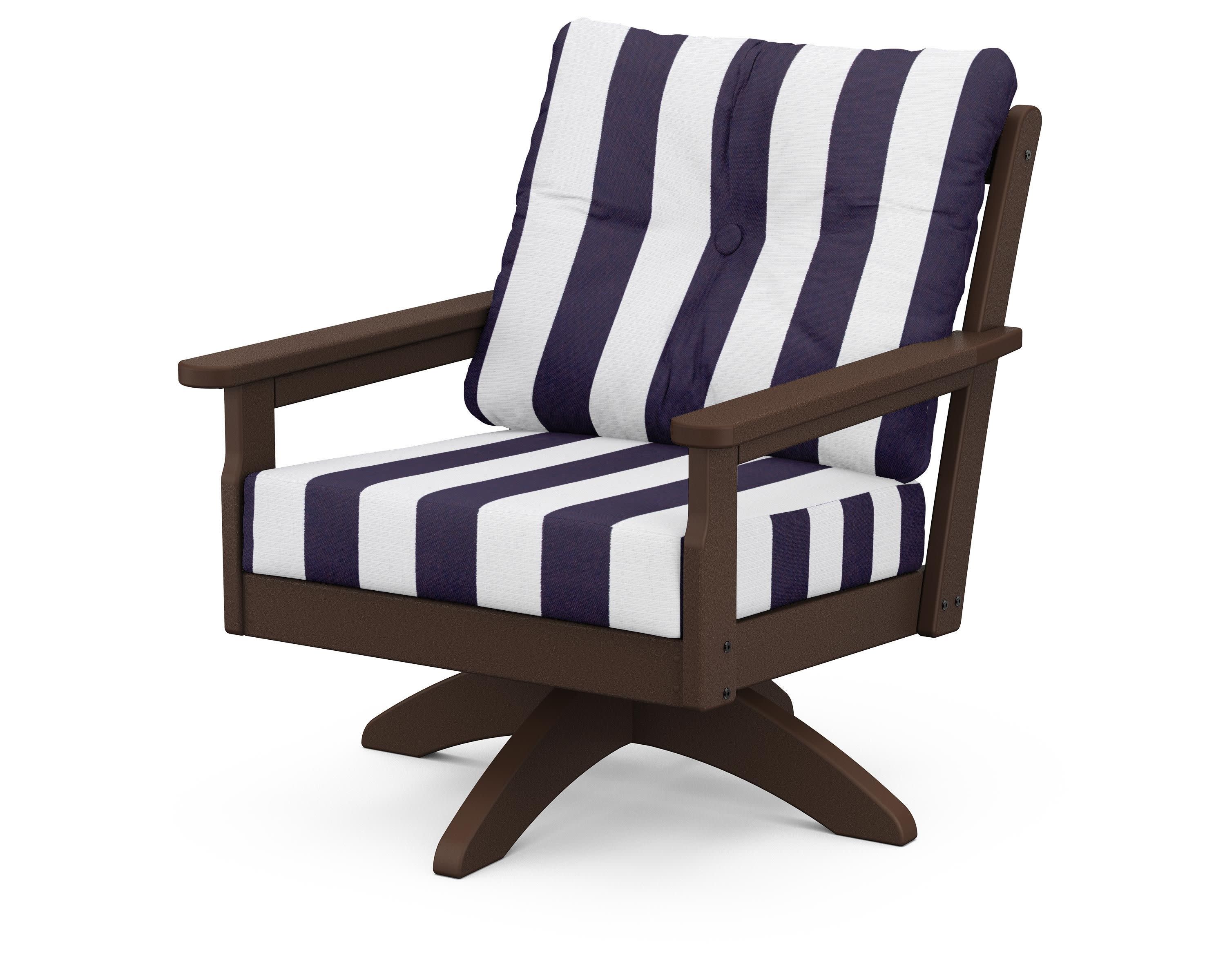 Vineyard Deep Seating Swivel Chair in Mahogany / Cabana Stripe Navy