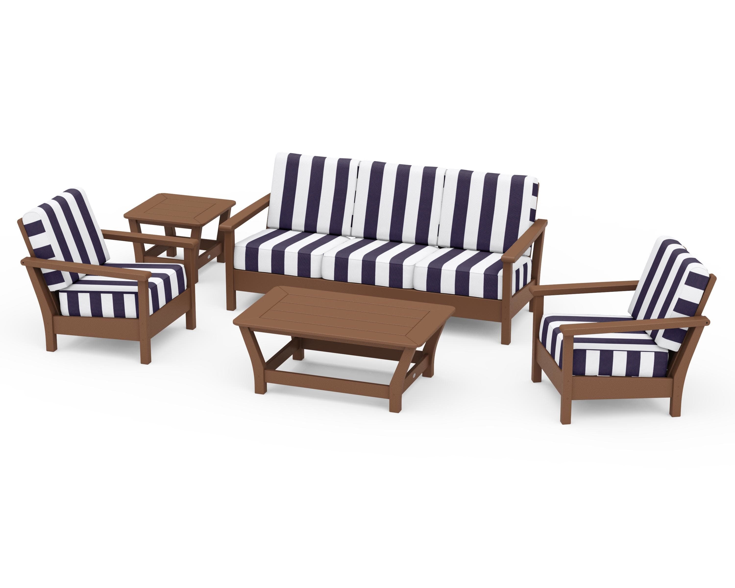 Harbour 5-Piece Deep Seating Set in Teak / Cabana Stripe Navy