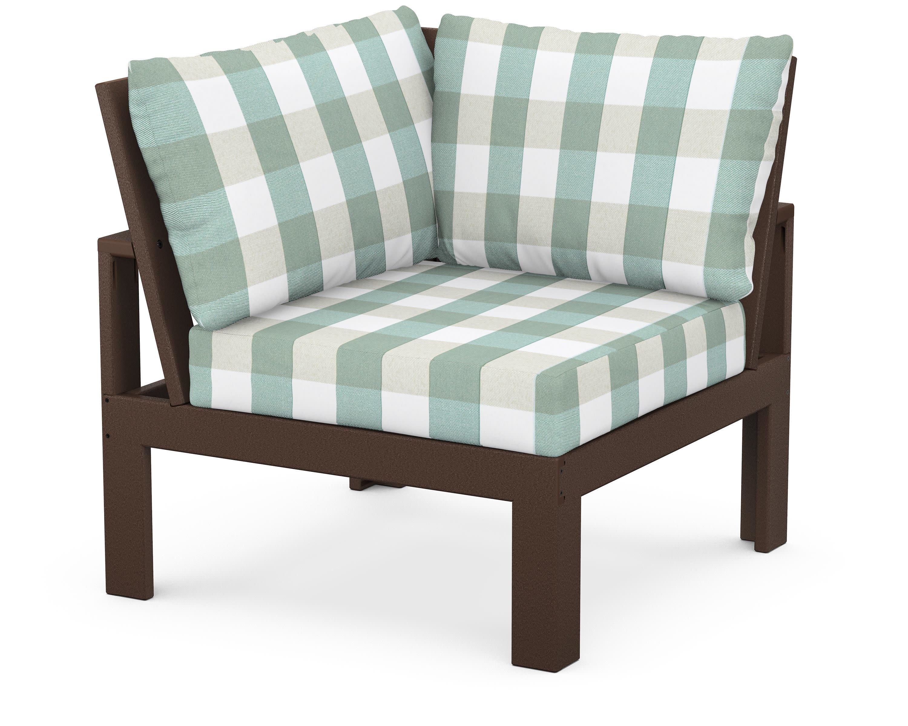 Modular Corner Chair in Mahogany / Buffalo Plaid Glacier Spa