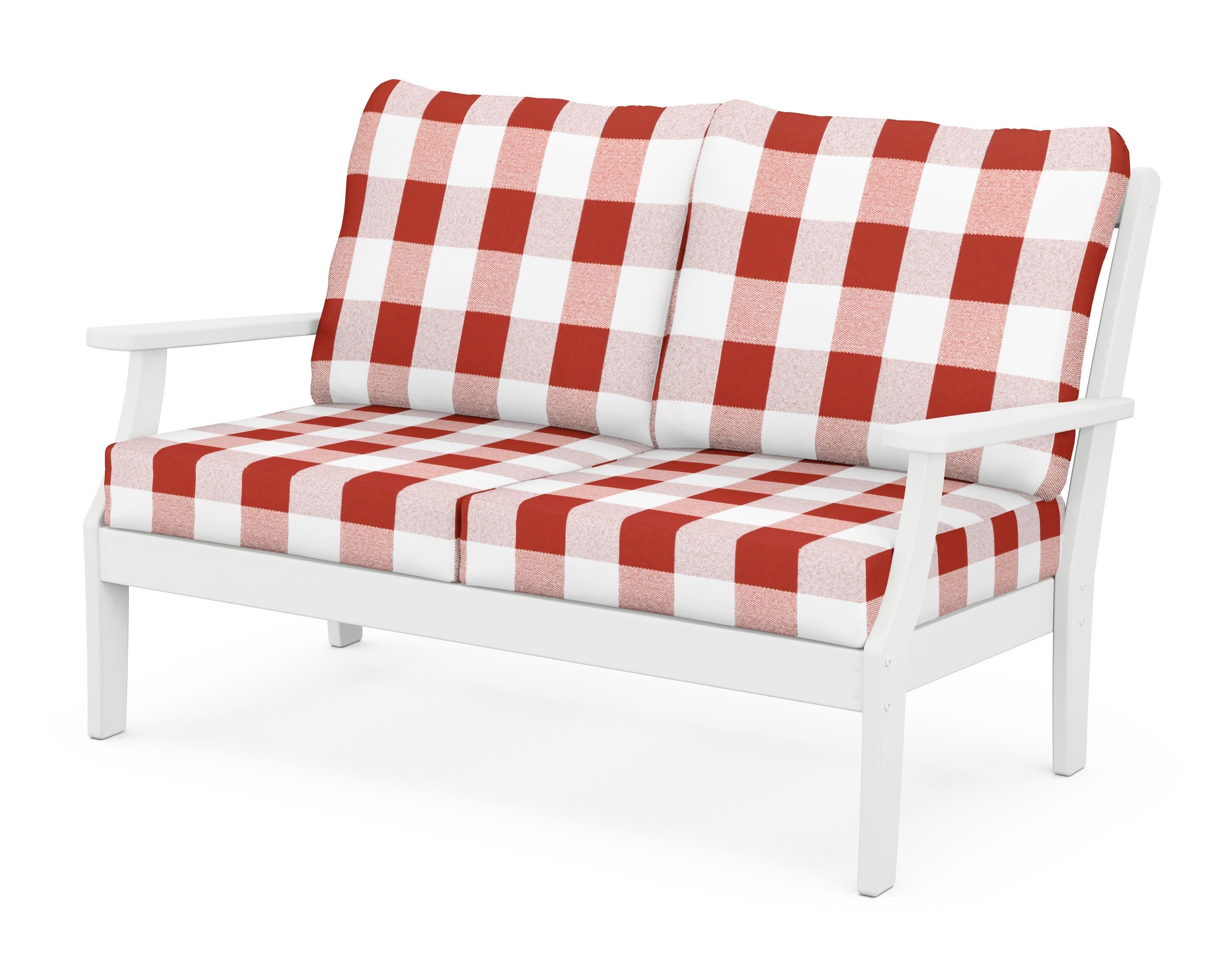 Braxton Deep Seating Loveseat in White / Buffalo Plaid Crimson