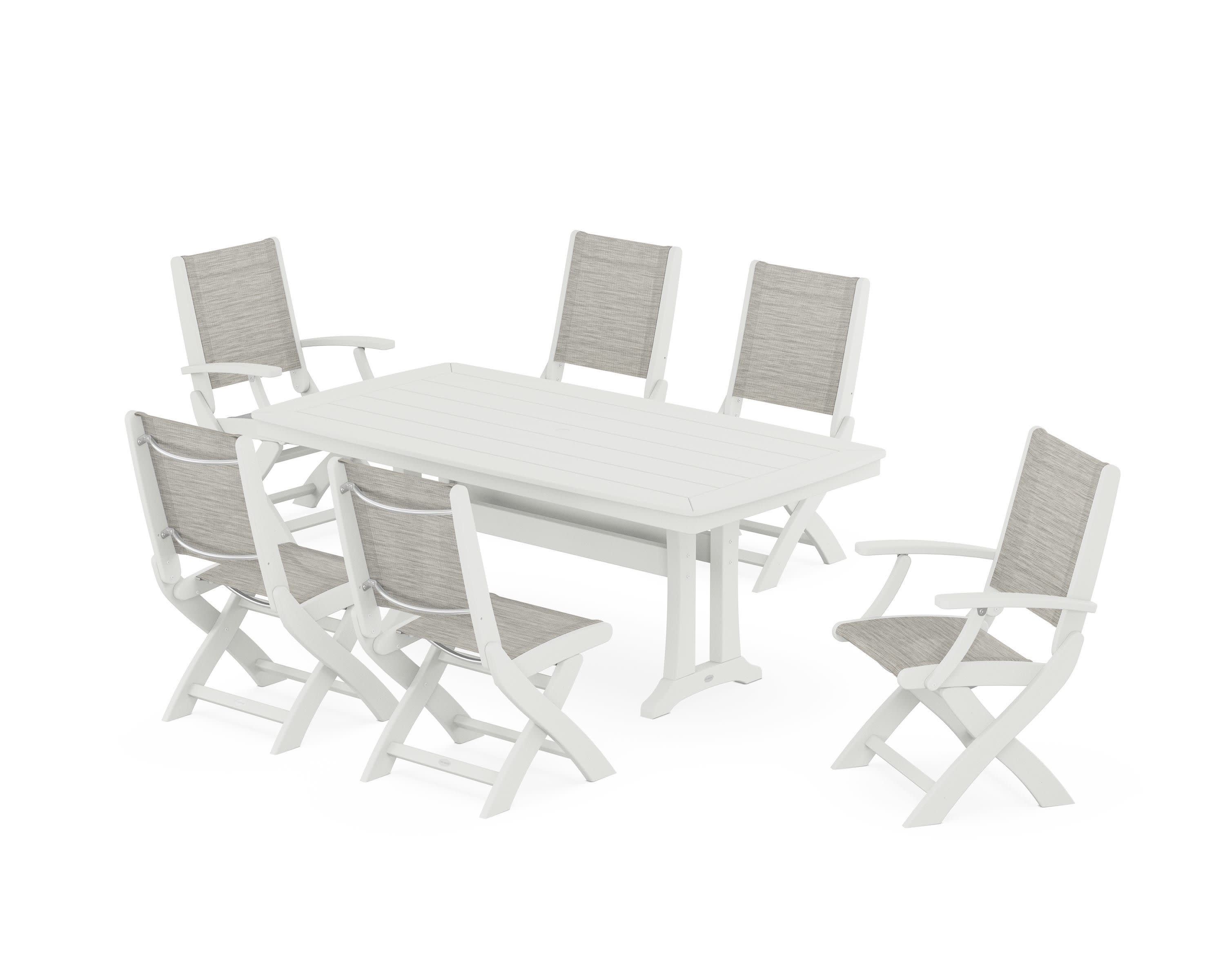 Coastal Folding Chair 7-Piece Dining Set with Trestle Legs in Vintage White / Birch Sling